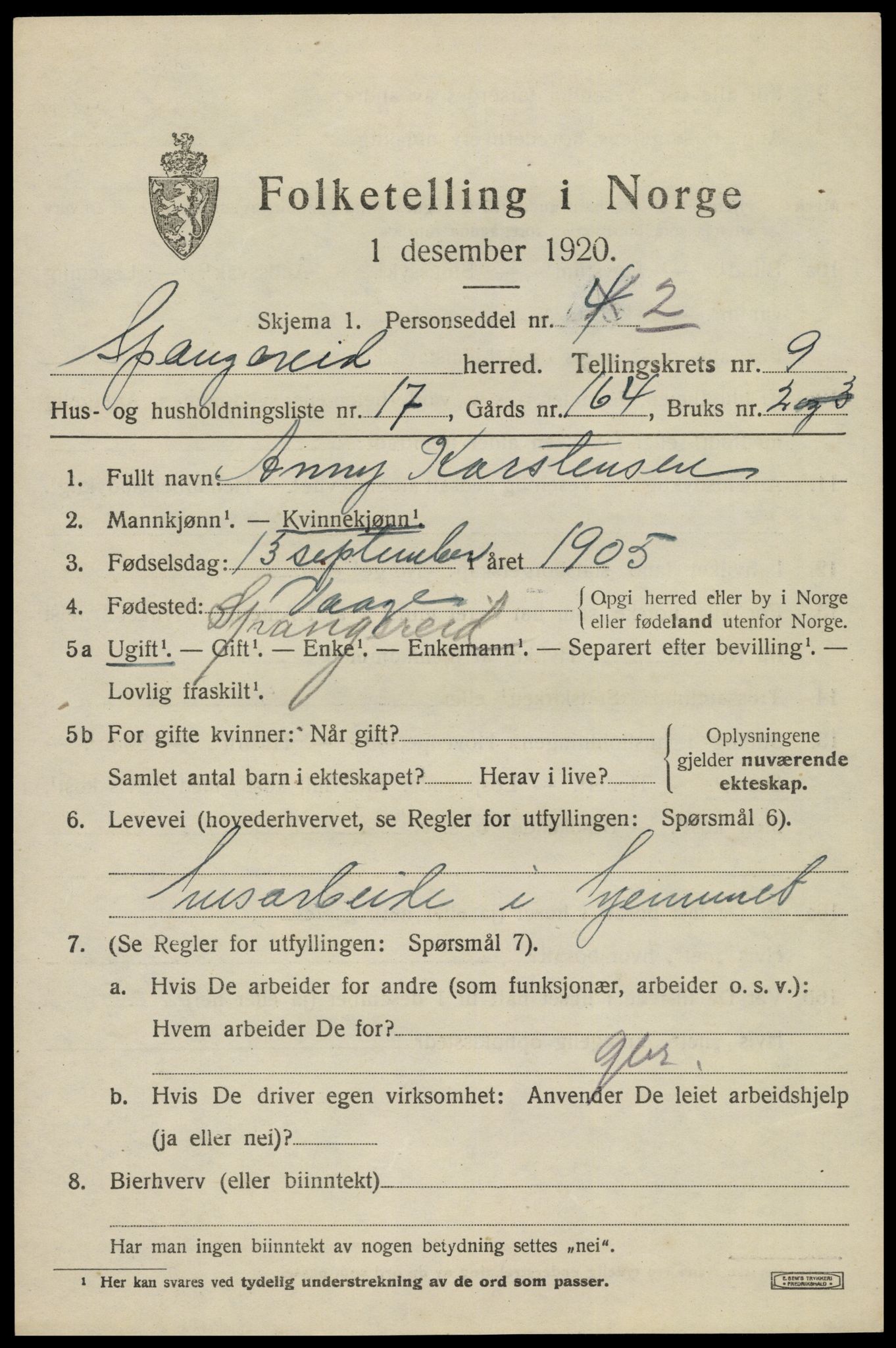 SAK, Folketelling 1920 for 1030 Spangereid herred, 1920, s. 3319