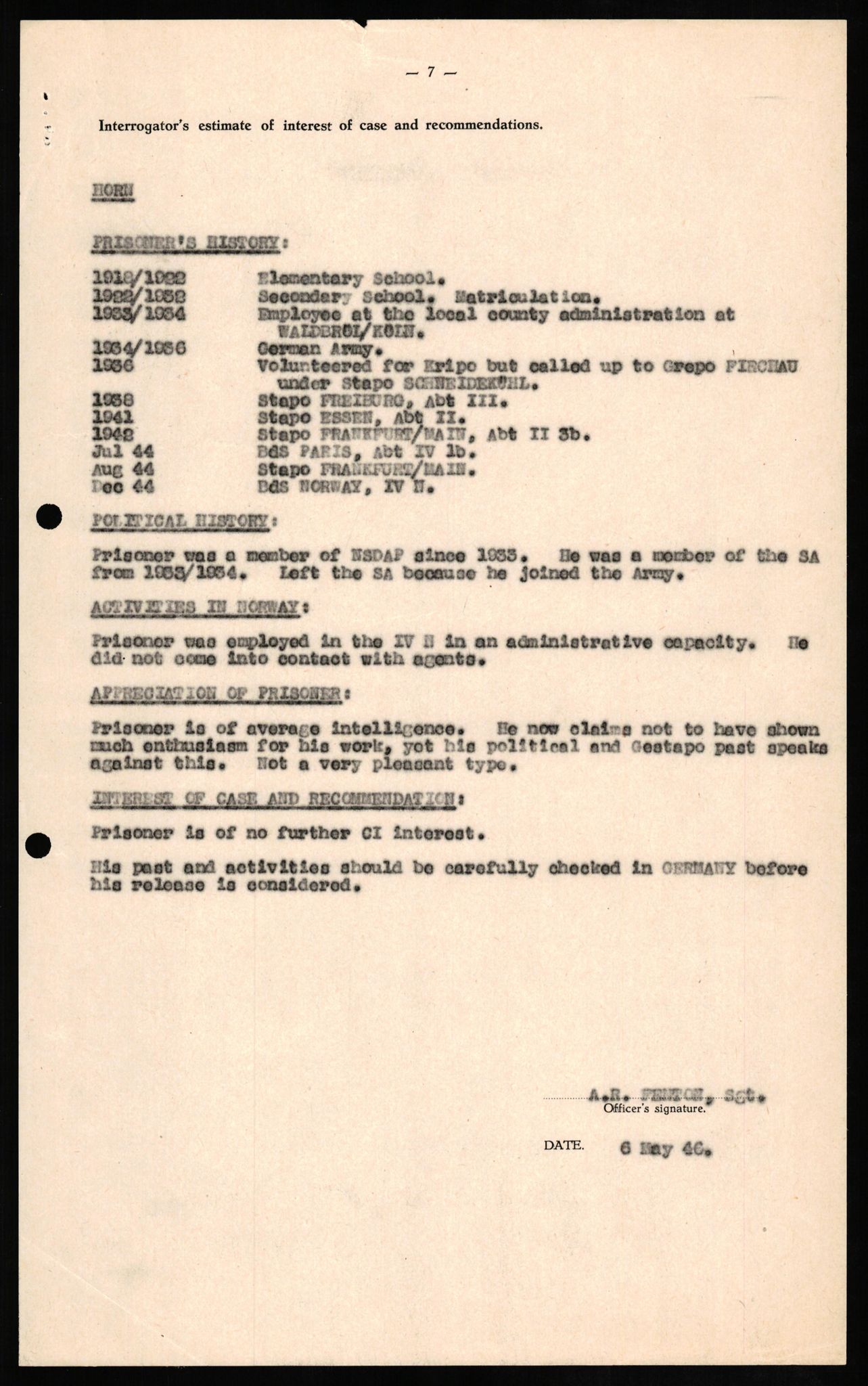 Forsvaret, Forsvarets overkommando II, RA/RAFA-3915/D/Db/L0014: CI Questionaires. Tyske okkupasjonsstyrker i Norge. Tyskere., 1945-1946, s. 27