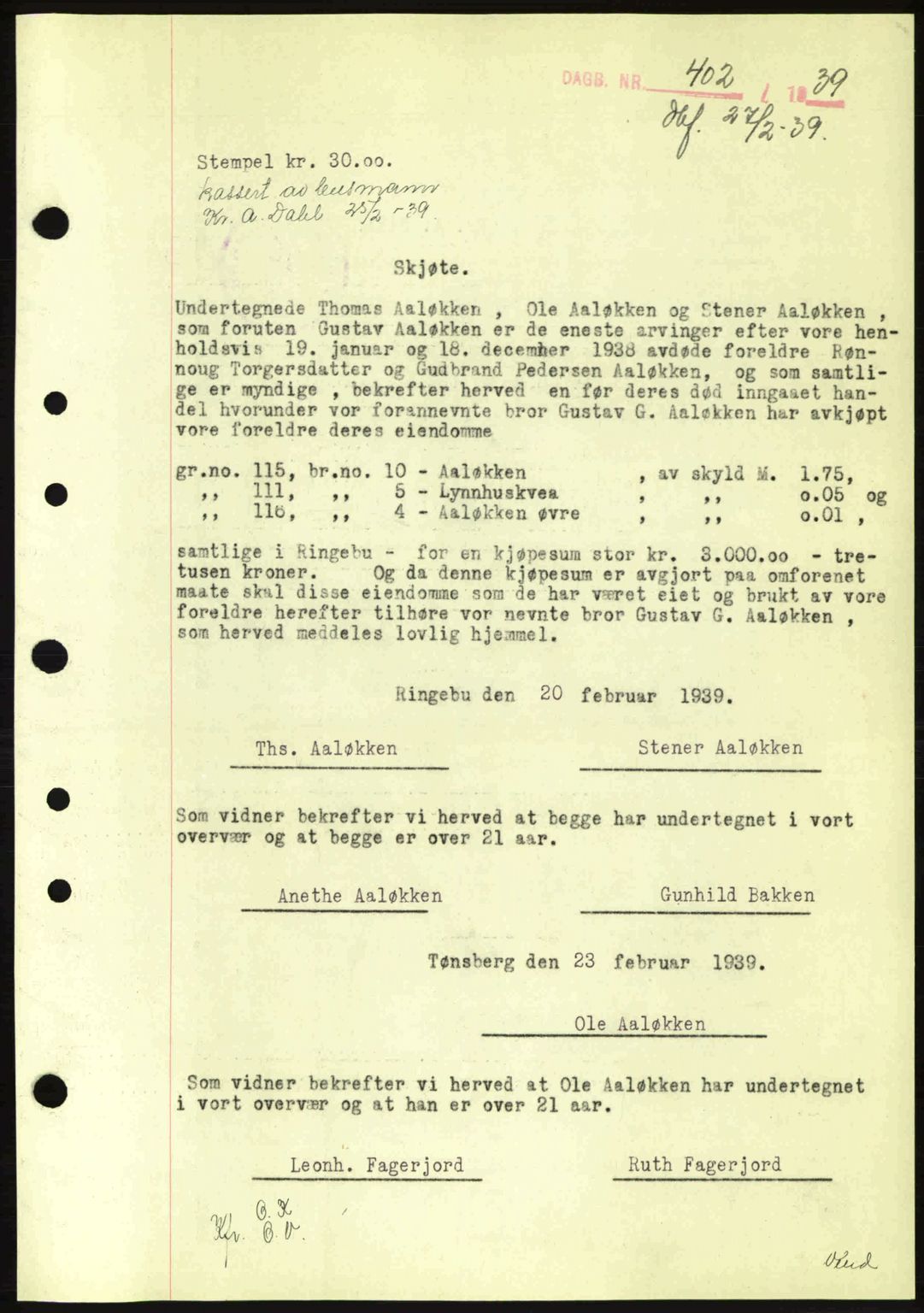 Sør-Gudbrandsdal tingrett, SAH/TING-004/H/Hb/Hbd/L0005: Pantebok nr. A5, 1938-1939, Dagboknr: 402/1939