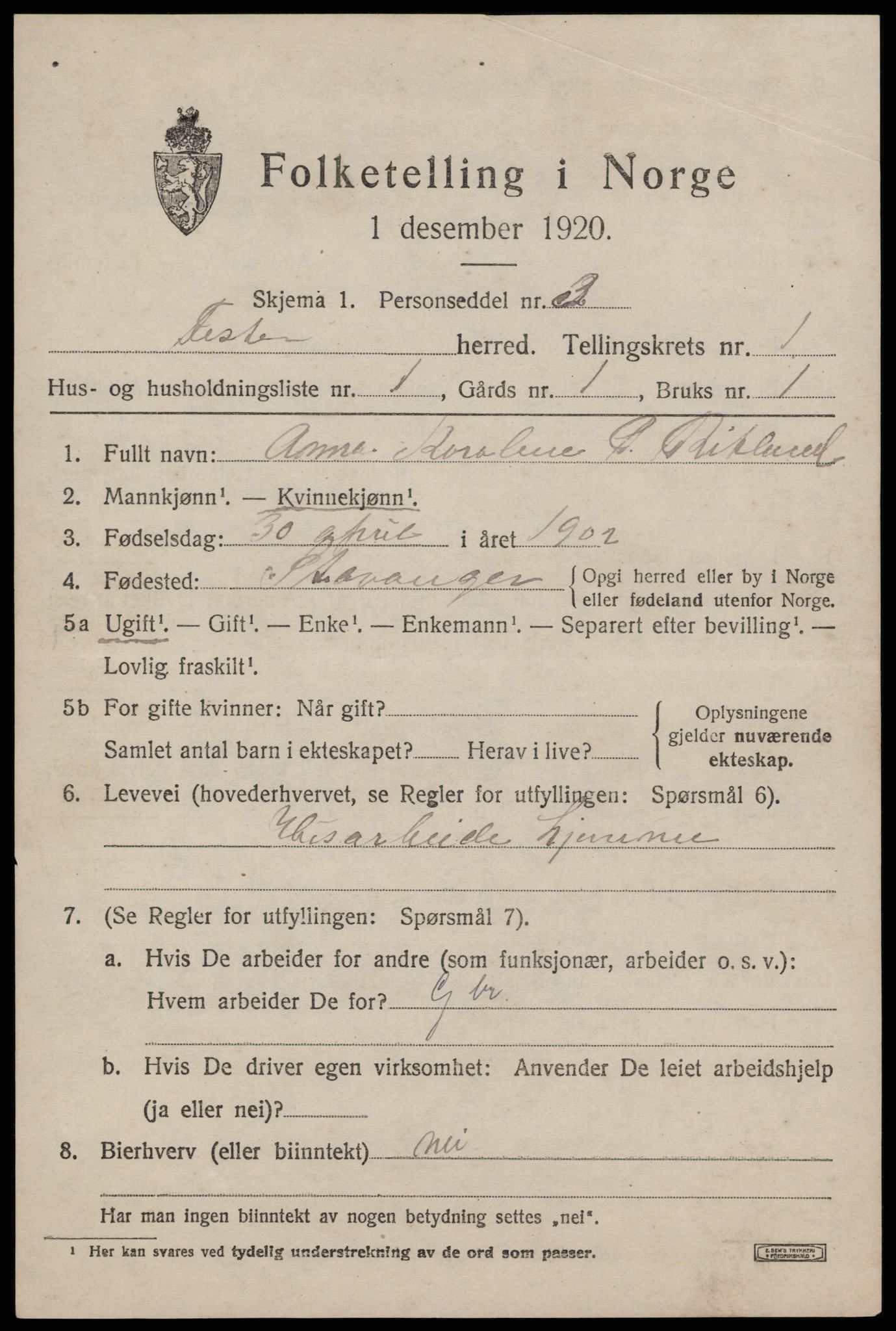 SAST, Folketelling 1920 for 1132 Fister herred, 1920, s. 375