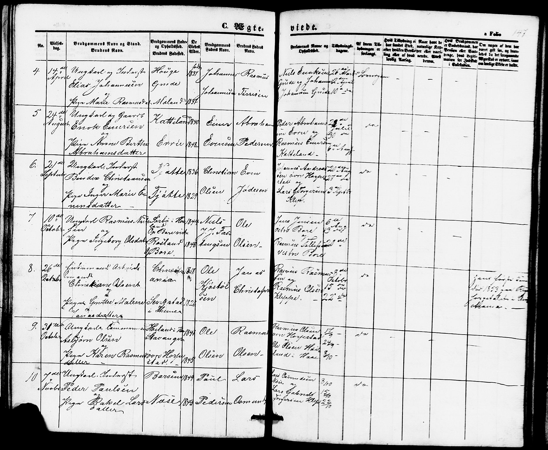 Klepp sokneprestkontor, AV/SAST-A-101803/001/3/30BB/L0002: Klokkerbok nr. B 2, 1860-1875, s. 147