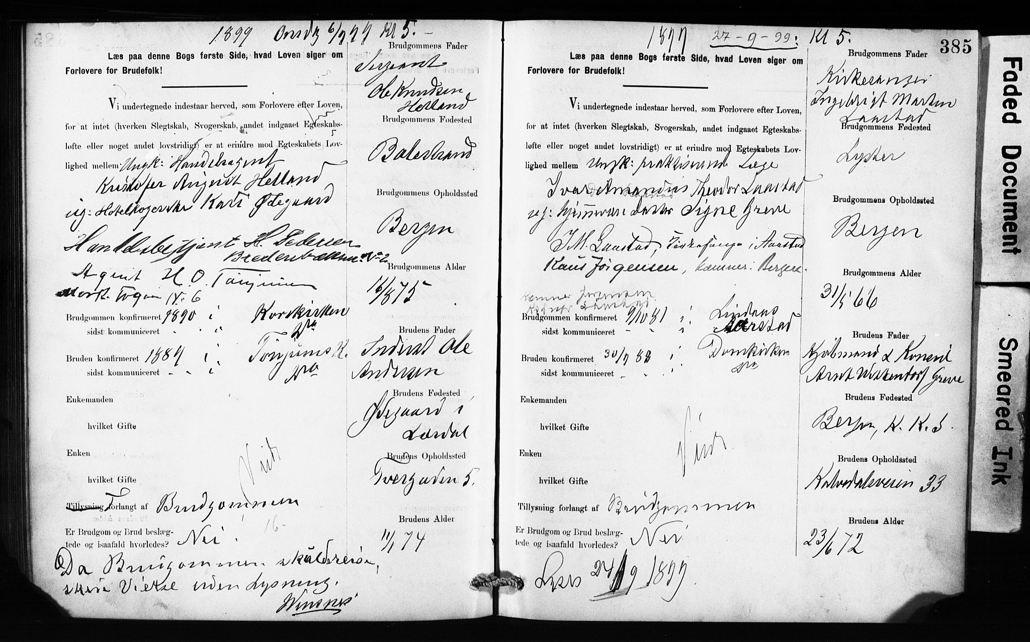 Domkirken sokneprestembete, SAB/A-74801: Forlovererklæringer nr. II.5.10, 1890-1899, s. 385