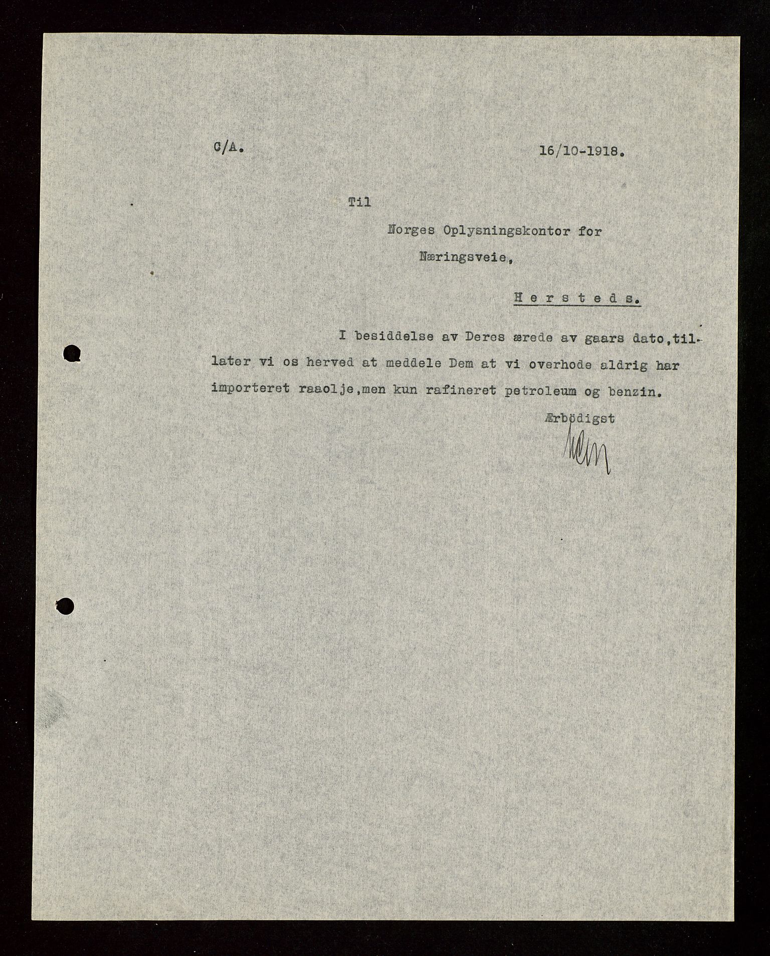 Pa 1521 - A/S Norske Shell, AV/SAST-A-101915/E/Ea/Eaa/L0003: Sjefskorrespondanse, 1918, s. 165