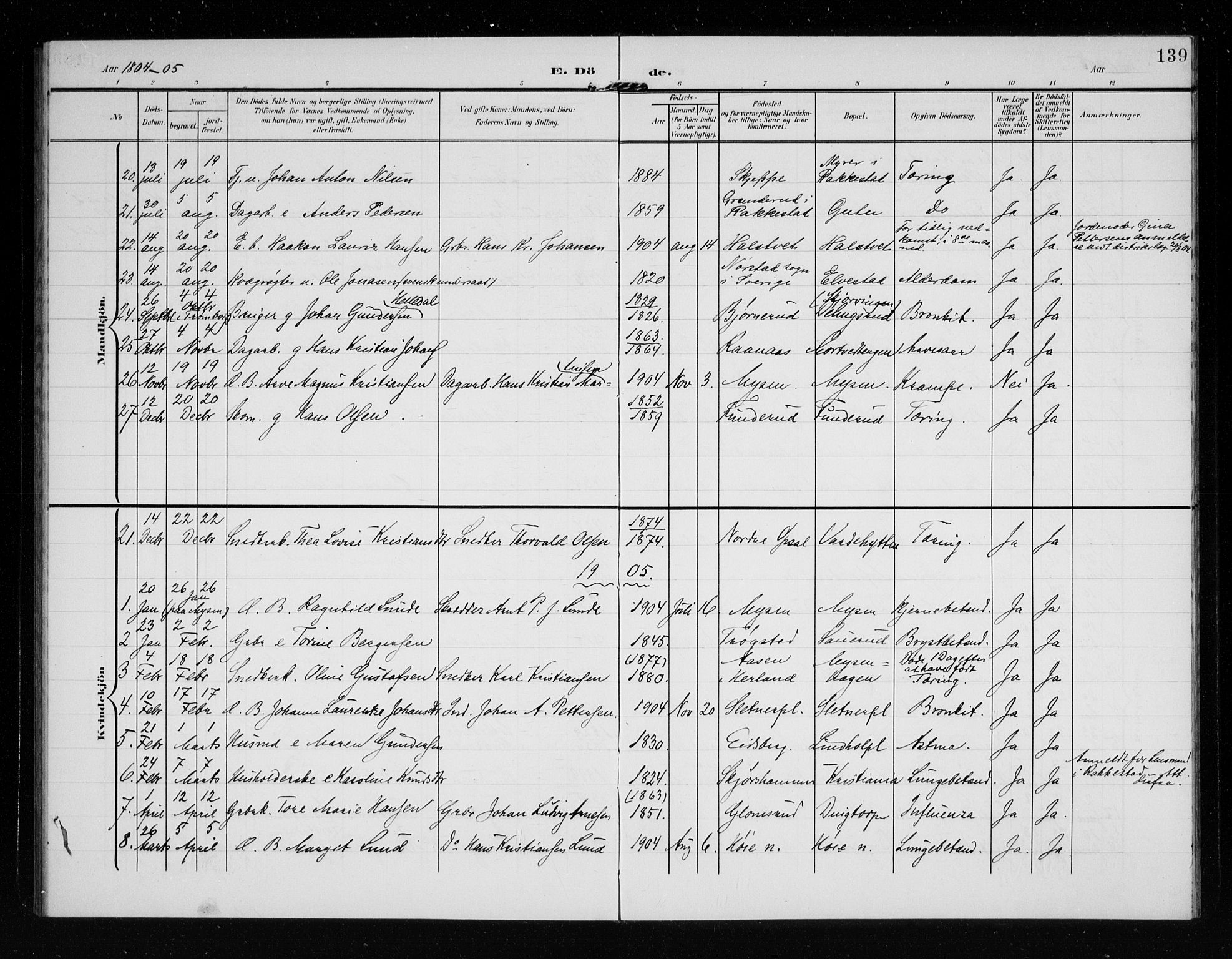 Eidsberg prestekontor Kirkebøker, AV/SAO-A-10905/G/Ga/L0002: Klokkerbok nr. I 2, 1903-1913, s. 139
