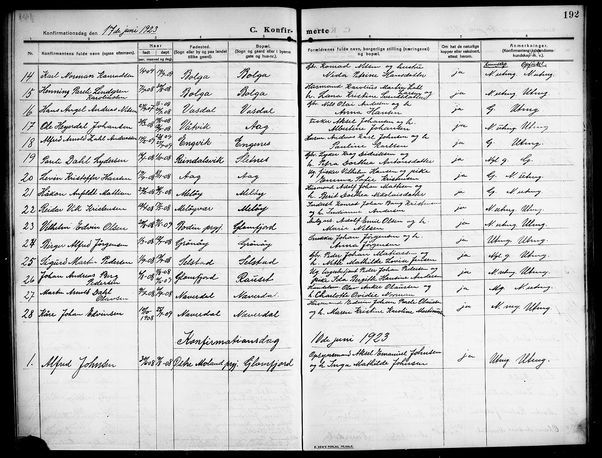 Ministerialprotokoller, klokkerbøker og fødselsregistre - Nordland, AV/SAT-A-1459/843/L0639: Klokkerbok nr. 843C08, 1908-1924, s. 192