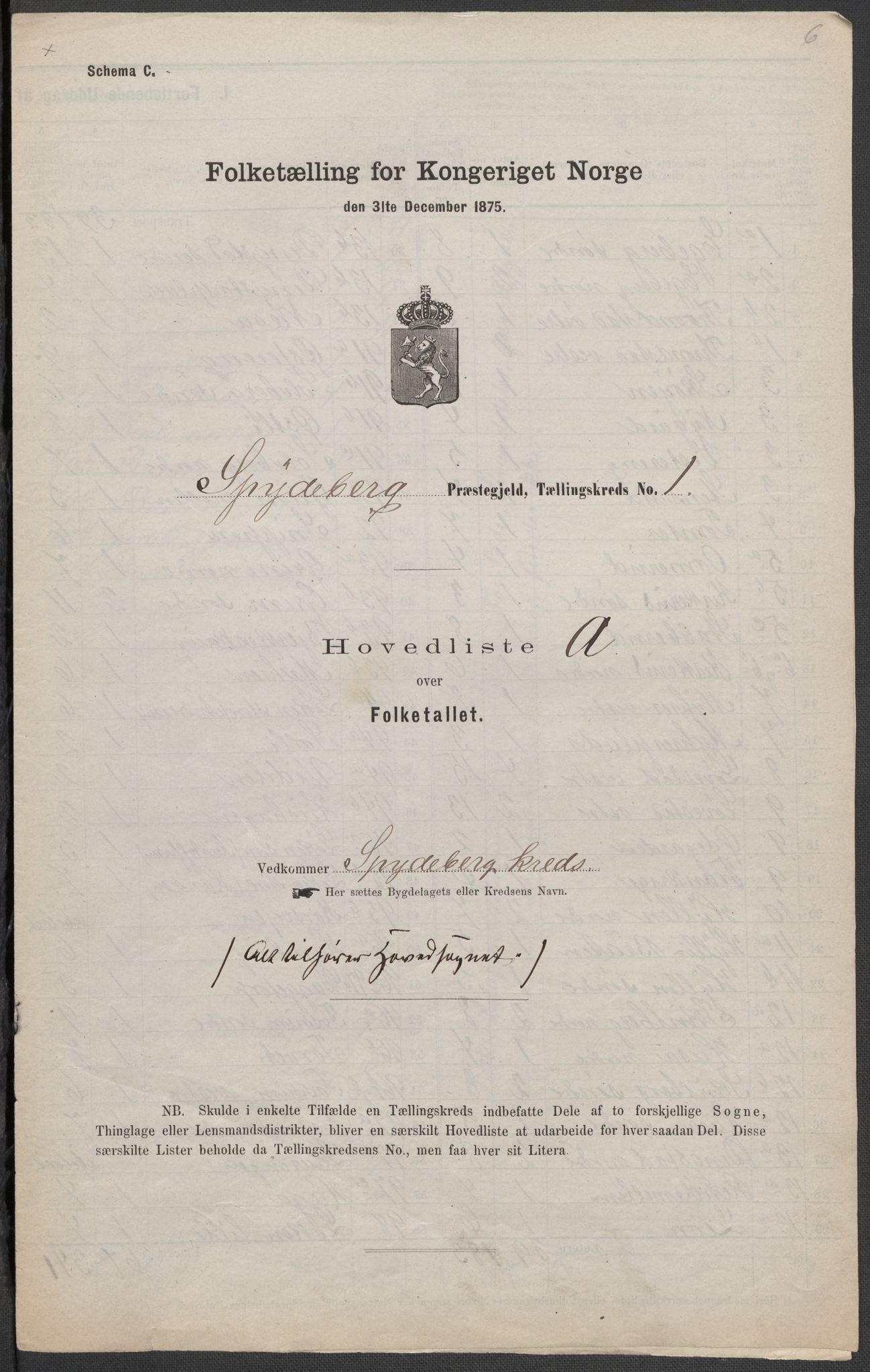 RA, Folketelling 1875 for 0123P Spydeberg prestegjeld, 1875, s. 1