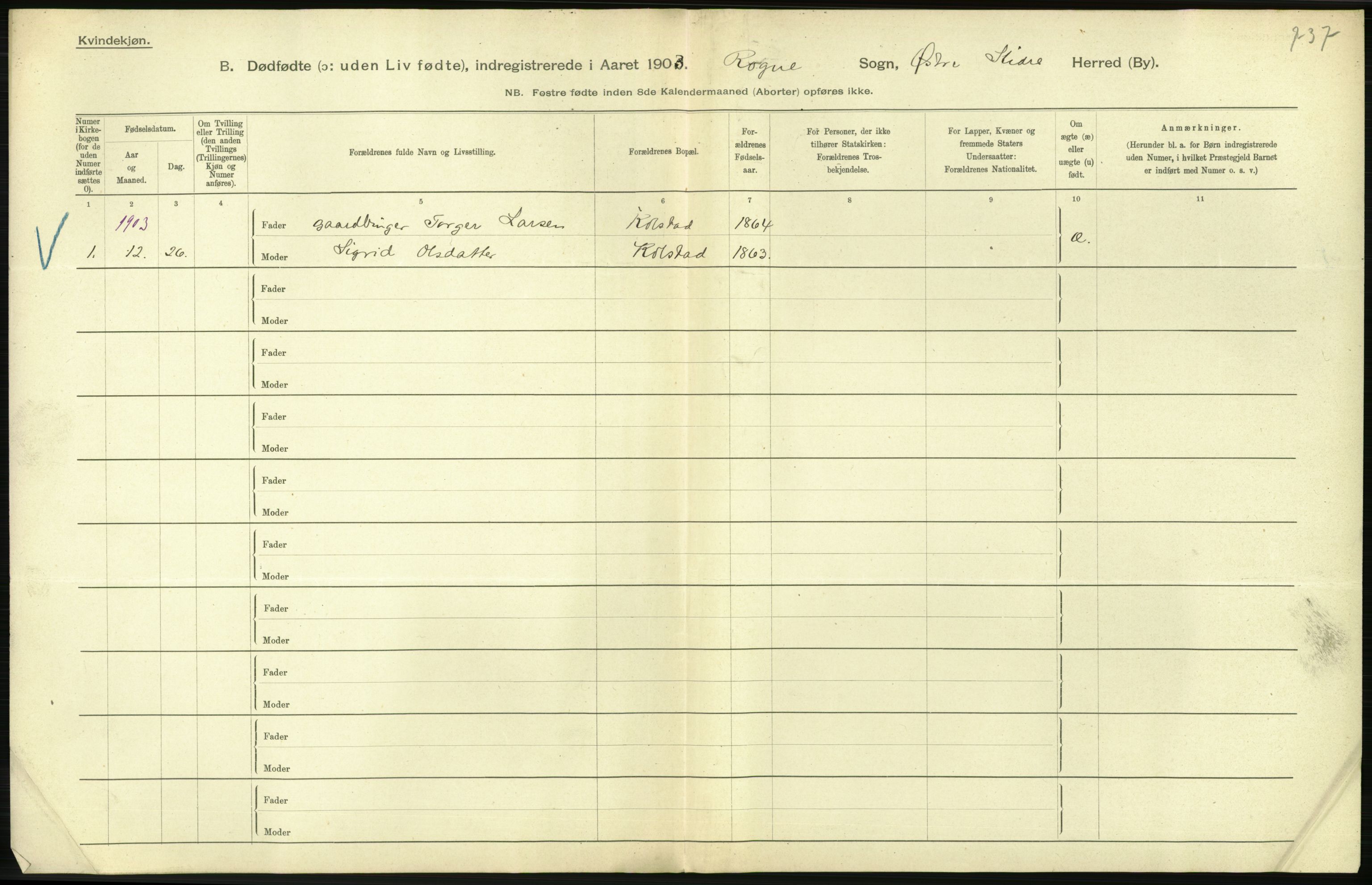 Statistisk sentralbyrå, Sosiodemografiske emner, Befolkning, AV/RA-S-2228/D/Df/Dfa/Dfaa/L0024: Smålenenes - Stavanger amt: Dødfødte. Bygder., 1903, s. 284