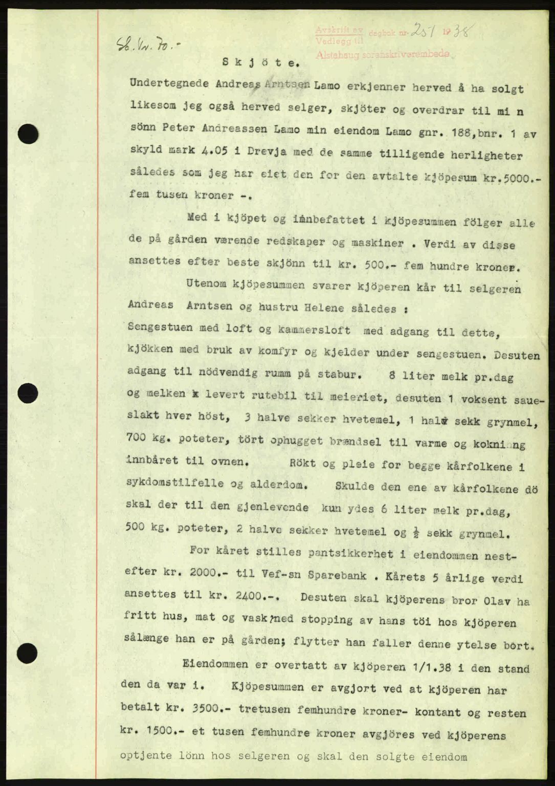Alstahaug sorenskriveri, SAT/A-1009: Pantebok nr. A3, 1937-1938, Dagboknr: 251/1938