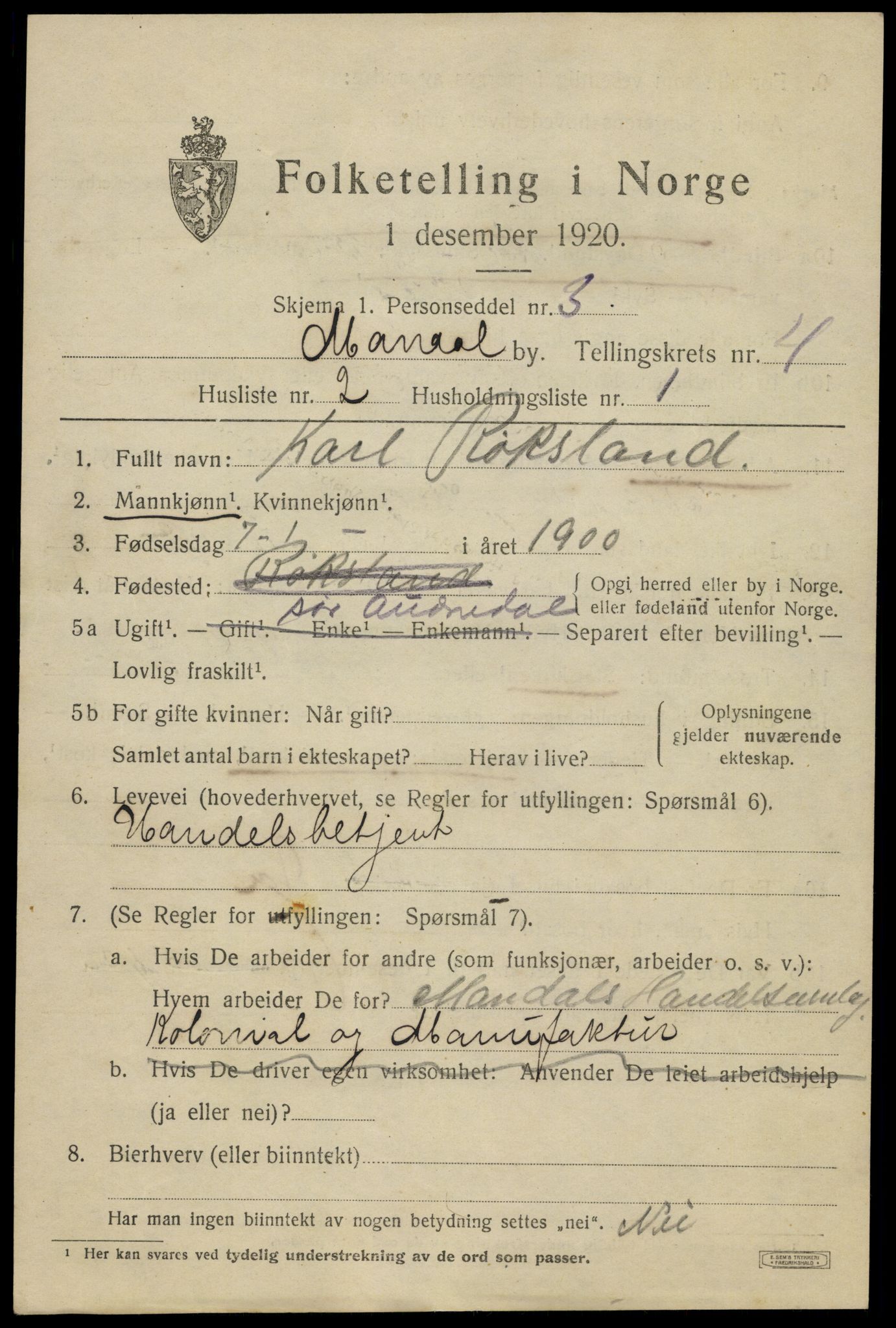 SAK, Folketelling 1920 for 1002 Mandal ladested, 1920, s. 7029