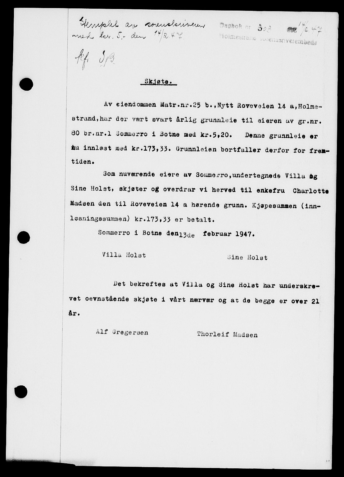 Holmestrand sorenskriveri, SAKO/A-67/G/Ga/Gaa/L0061: Pantebok nr. A-61, 1946-1947, Dagboknr: 303/1947