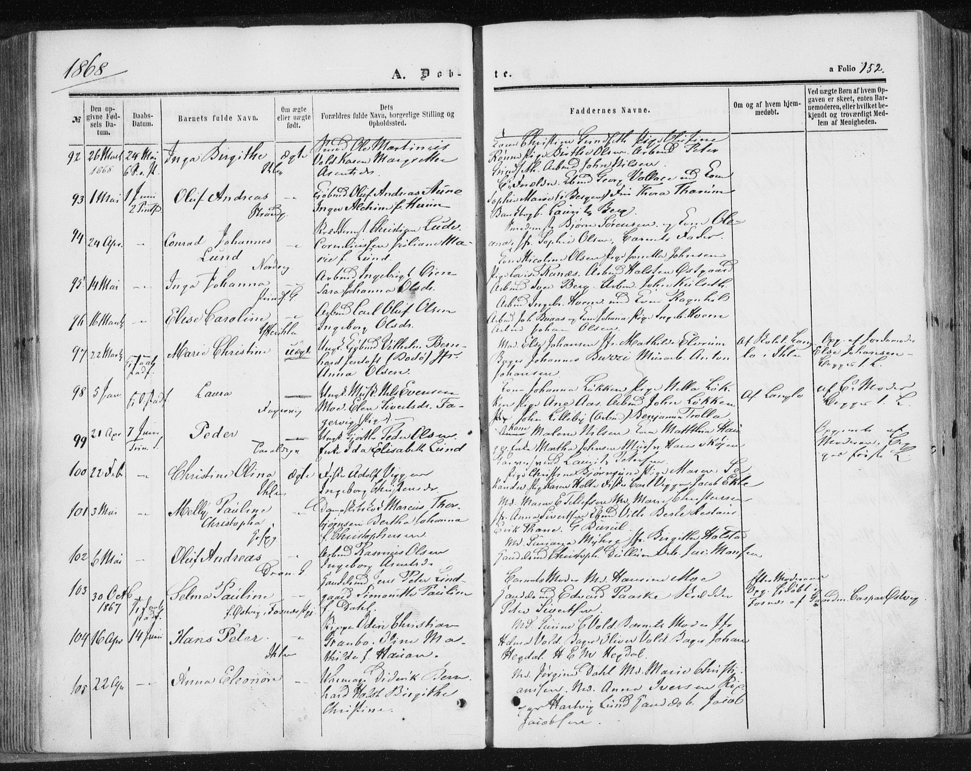 Ministerialprotokoller, klokkerbøker og fødselsregistre - Sør-Trøndelag, SAT/A-1456/602/L0115: Ministerialbok nr. 602A13, 1860-1872, s. 152