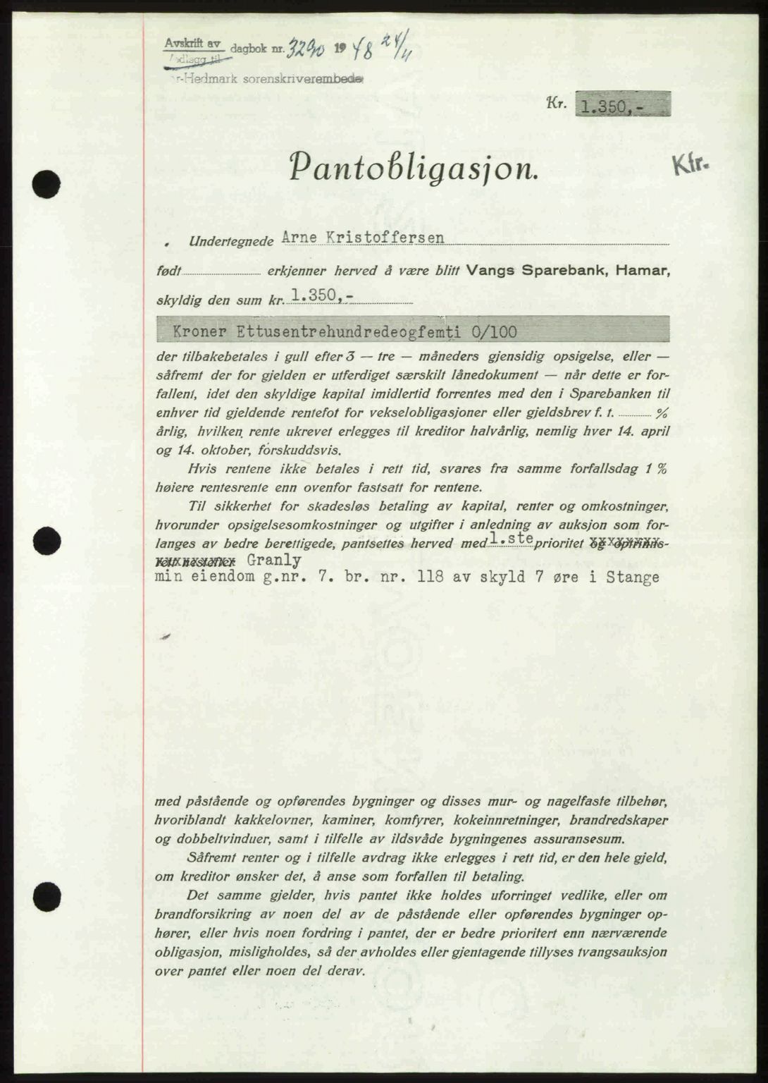 Sør-Hedmark sorenskriveri, SAH/TING-014/H/Hb/Hbd/L0018: Pantebok nr. 18, 1948-1949, Dagboknr: 3290/1948