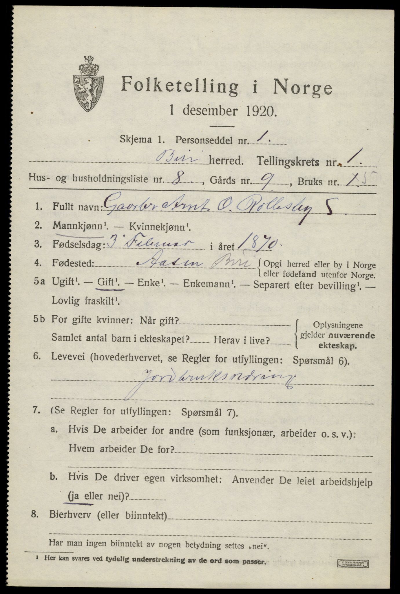 SAH, Folketelling 1920 for 0525 Biri herred, 1920, s. 1205
