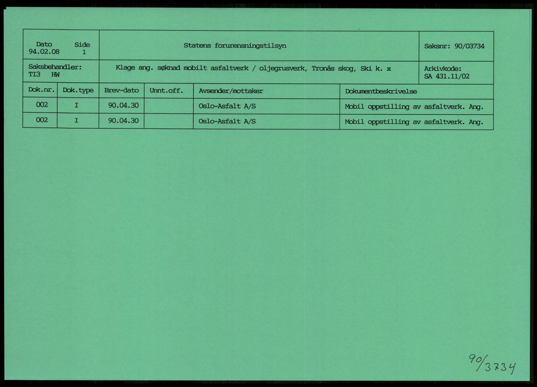 Statens forurensningstilsyn, hovedkontoret, AV/RA-S-4136/1/D/Da/L0493: Konsesjonssaker, 1985-1993, s. 263
