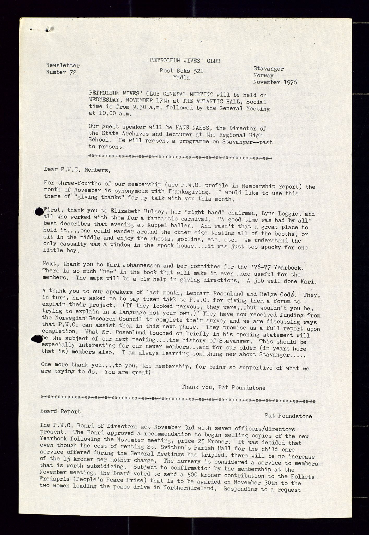 PA 1547 - Petroleum Wives Club, AV/SAST-A-101974/X/Xa/L0001: Newsletters (1971-1978)/radiointervjuer på kasett (1989-1992), 1970-1978