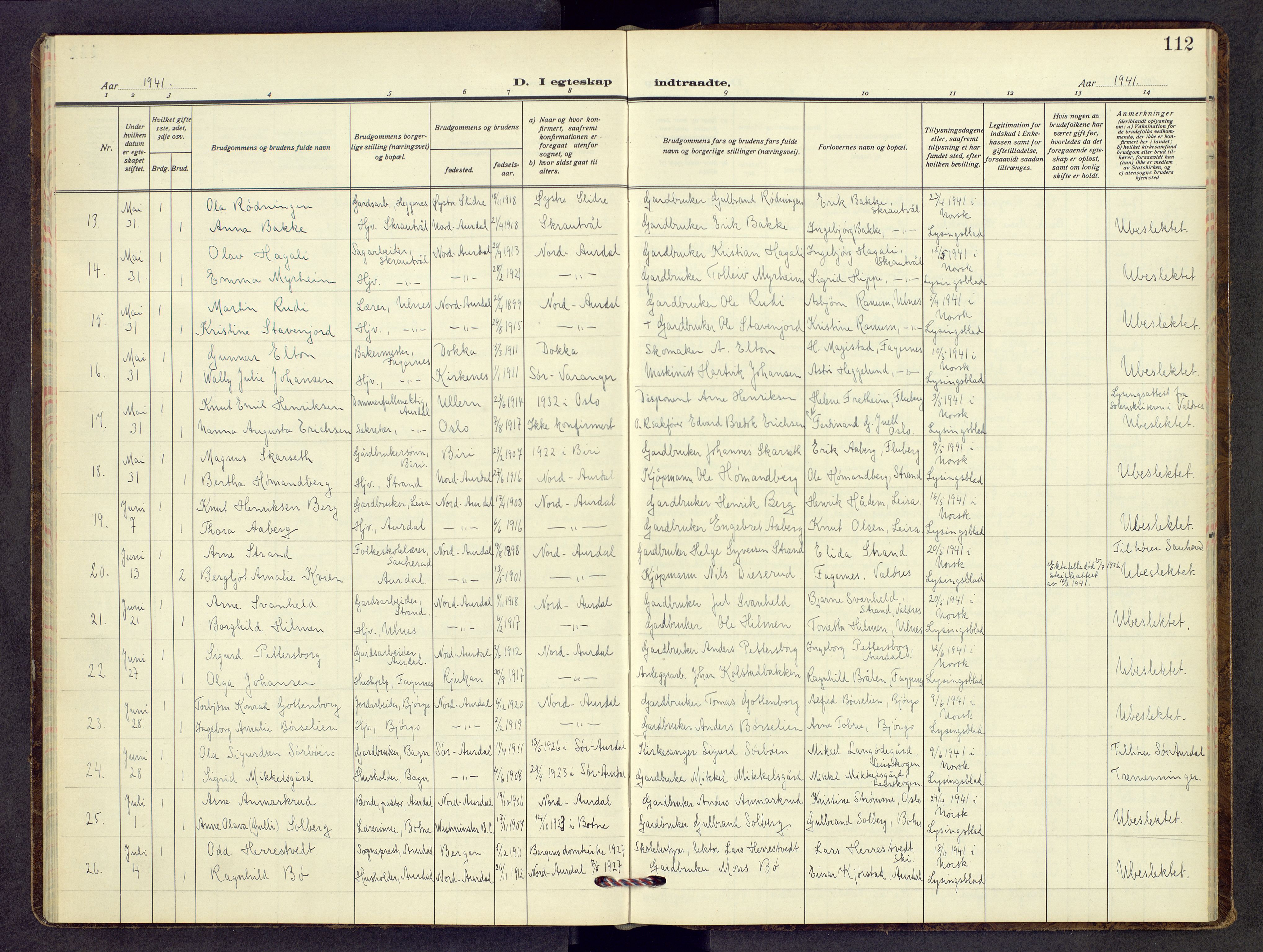 Nord-Aurdal prestekontor, AV/SAH-PREST-132/H/Ha/Hab/L0017: Klokkerbok nr. 17, 1933-1946, s. 112