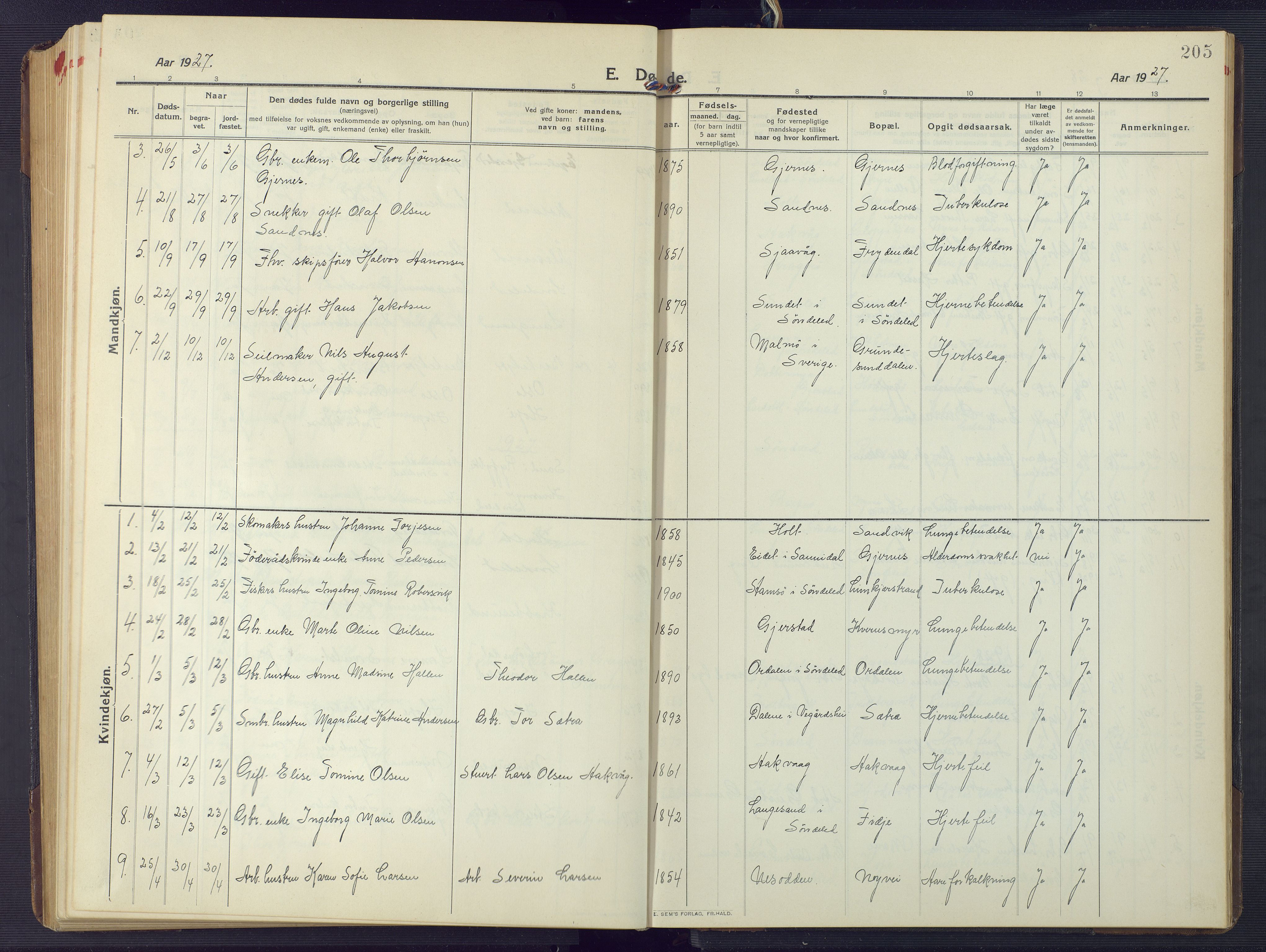 Søndeled sokneprestkontor, AV/SAK-1111-0038/F/Fb/L0006: Klokkerbok nr. B 7, 1912-1947, s. 205