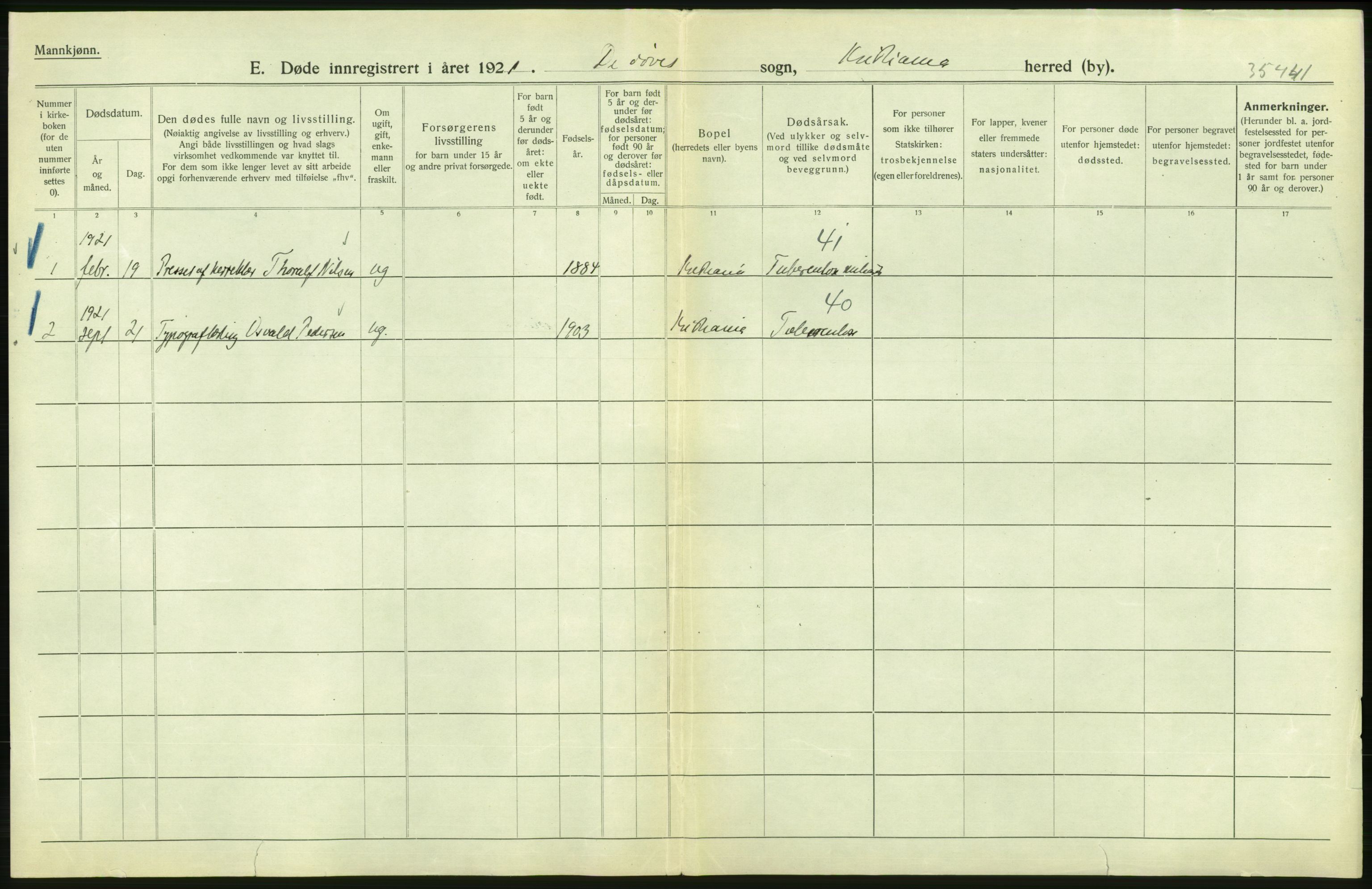 Statistisk sentralbyrå, Sosiodemografiske emner, Befolkning, AV/RA-S-2228/D/Df/Dfc/Dfca/L0013: Kristiania: Døde, dødfødte, 1921, s. 2