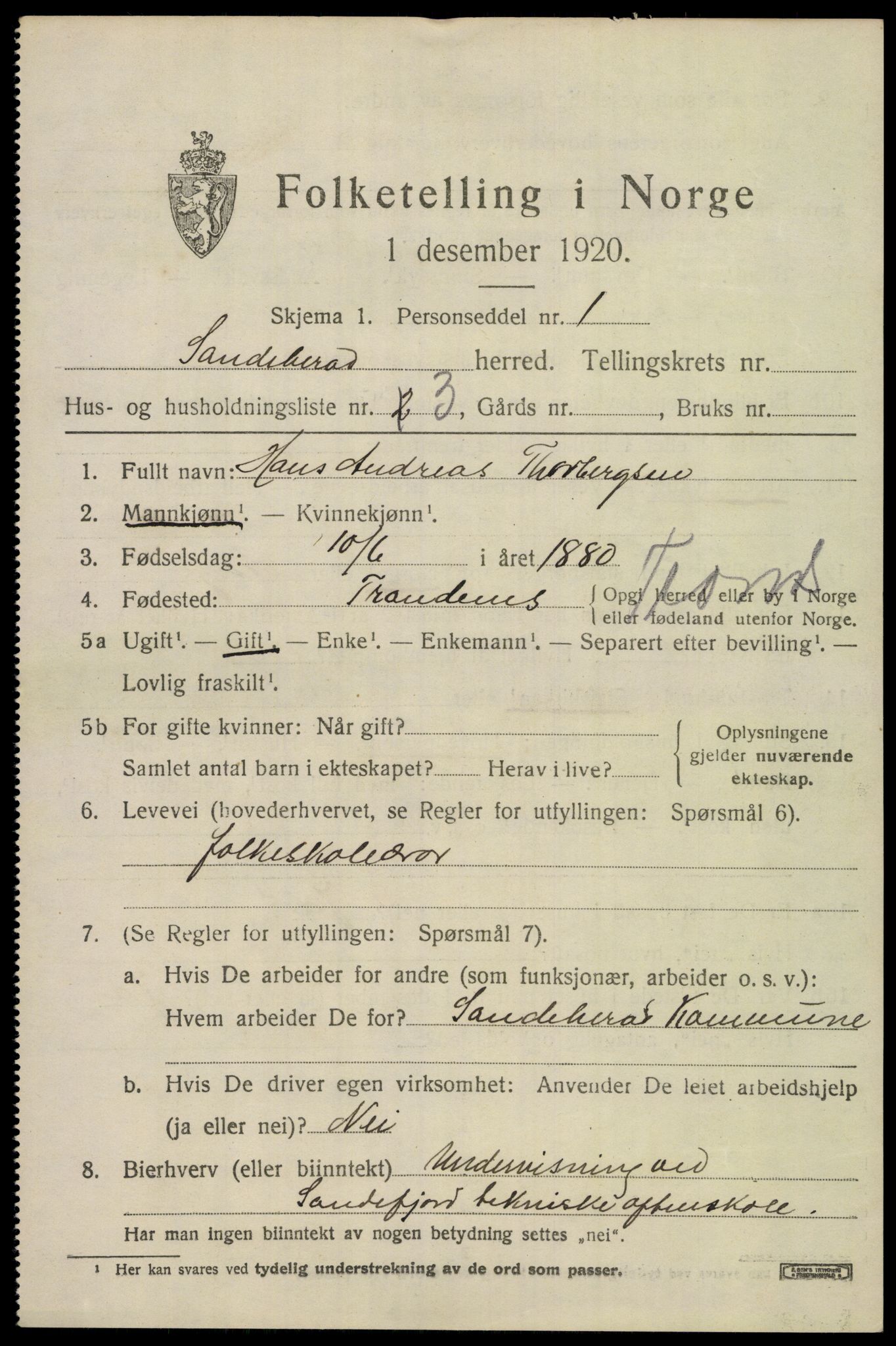SAKO, Folketelling 1920 for 0724 Sandeherred herred, 1920, s. 9594