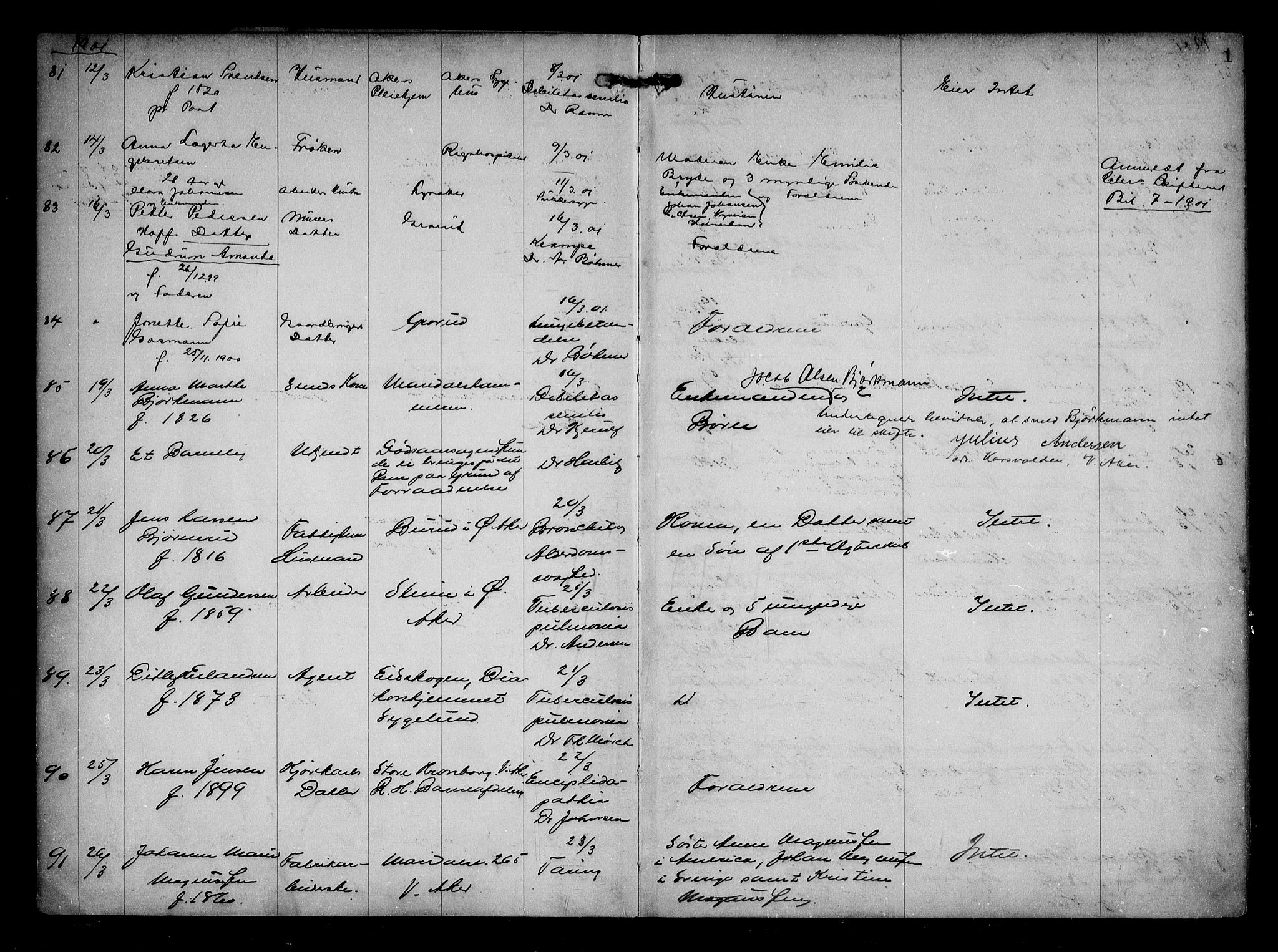 Aker kriminaldommer, skifte- og auksjonsforvalterembete, AV/SAO-A-10452/H/Hb/Hba/Hbaa/L0001: Dødsfallsprotokoll, 1901-1907, s. 1