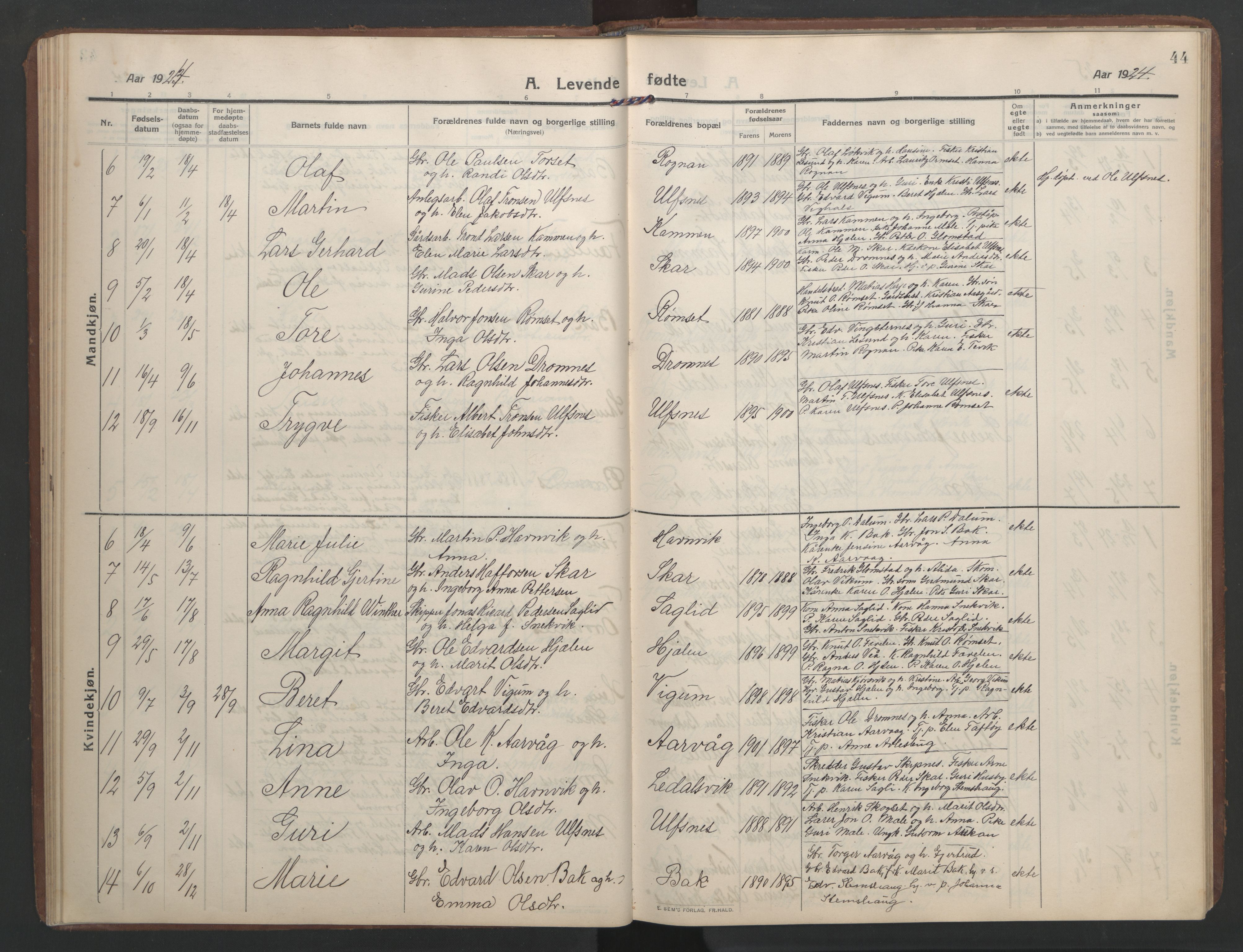 Ministerialprotokoller, klokkerbøker og fødselsregistre - Møre og Romsdal, AV/SAT-A-1454/579/L0919: Klokkerbok nr. 579C01, 1909-1957, s. 44