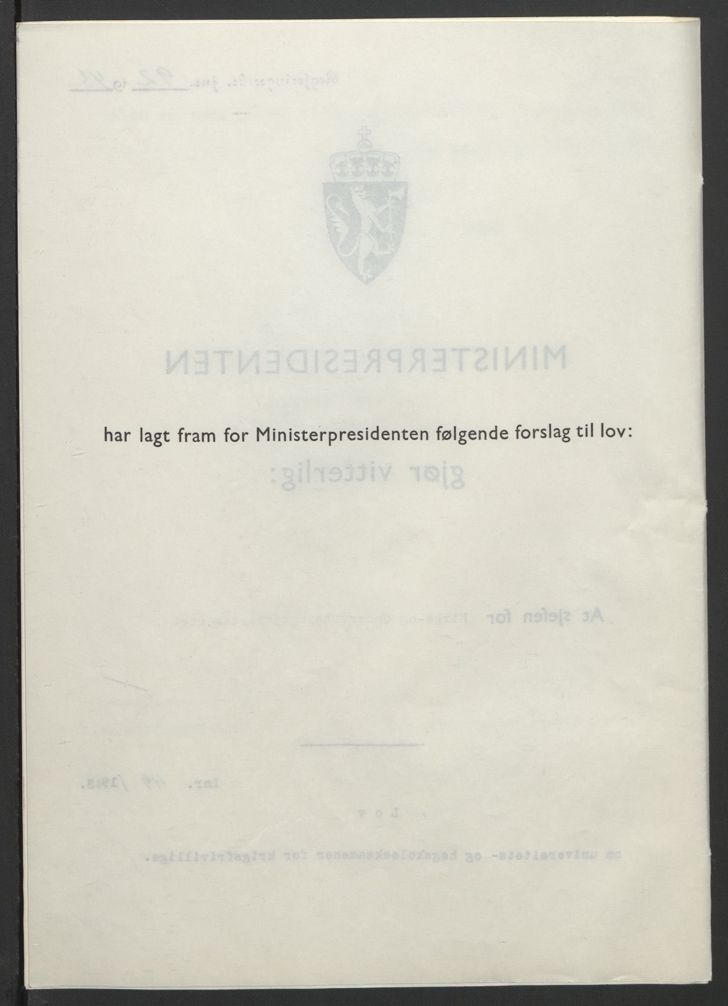 NS-administrasjonen 1940-1945 (Statsrådsekretariatet, de kommisariske statsråder mm), RA/S-4279/D/Db/L0099: Lover, 1943, s. 216