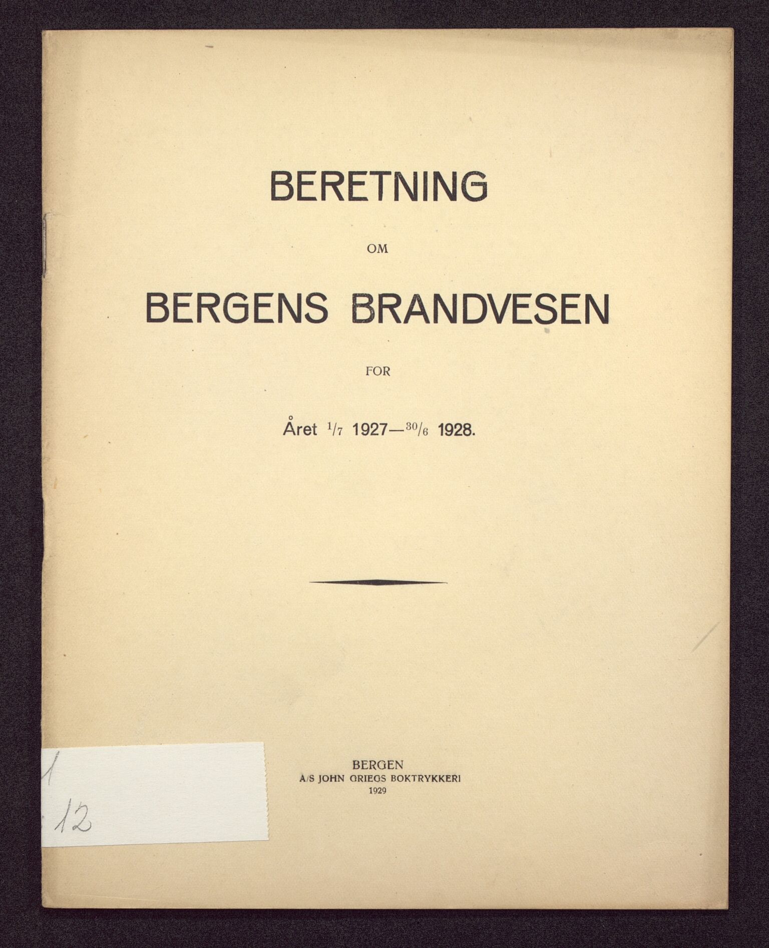 Bergen kommune. Brannvesenet (1863-1971), BBA/A-1181/X/Xa/L0012: Årsberetning, 1927-1928