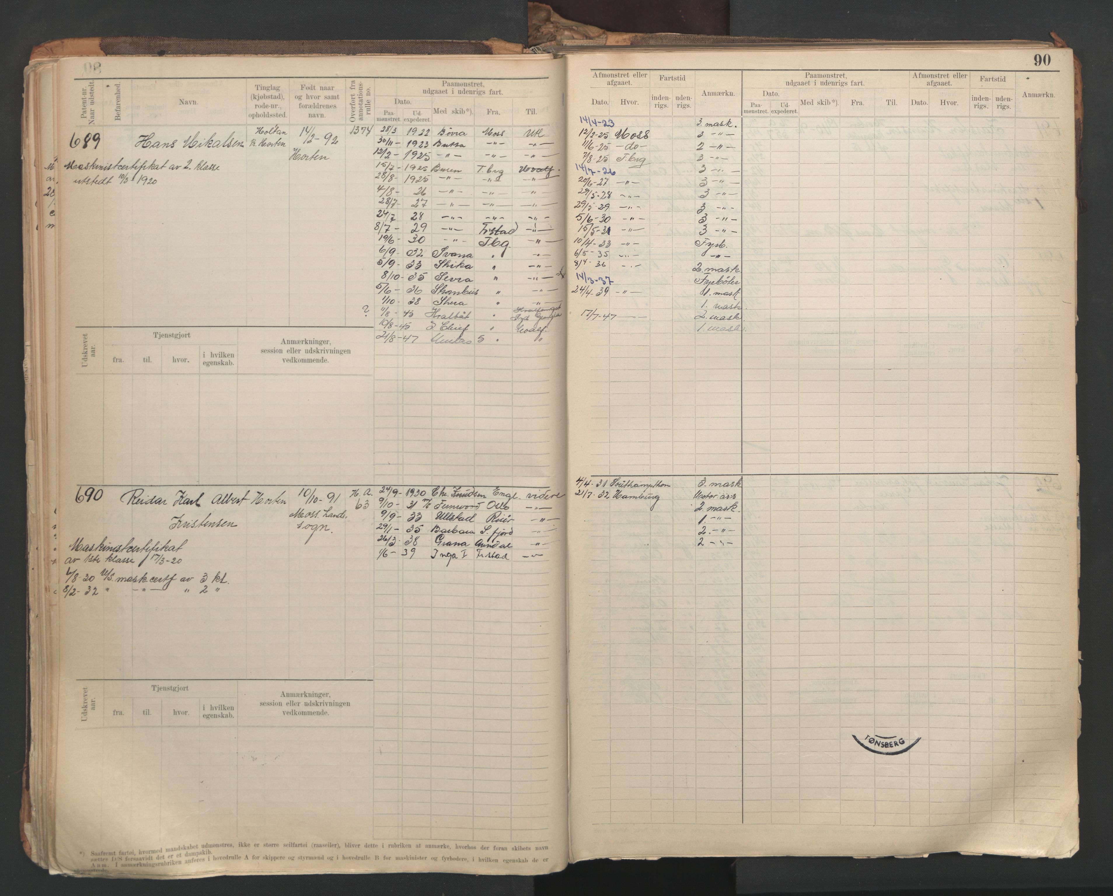 Horten innrulleringskontor, AV/SAKO-A-785/F/Fe/L0007: maskinist, fyrbøterrulle, 1910-1948, s. 90