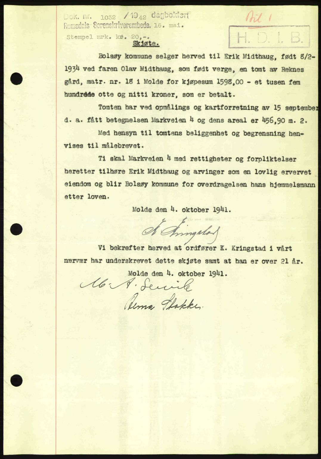 Romsdal sorenskriveri, SAT/A-4149/1/2/2C: Pantebok nr. A12, 1942-1942, Dagboknr: 1032/1942