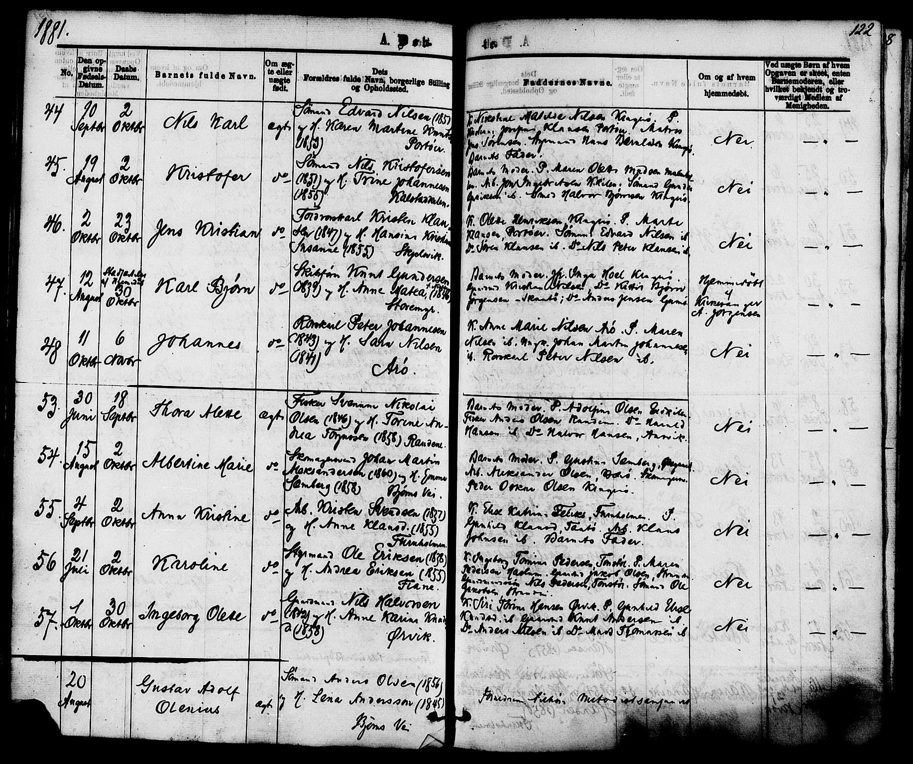 Skåtøy kirkebøker, AV/SAKO-A-304/F/Fa/L0001: Ministerialbok nr. I 1, 1874-1883, s. 122