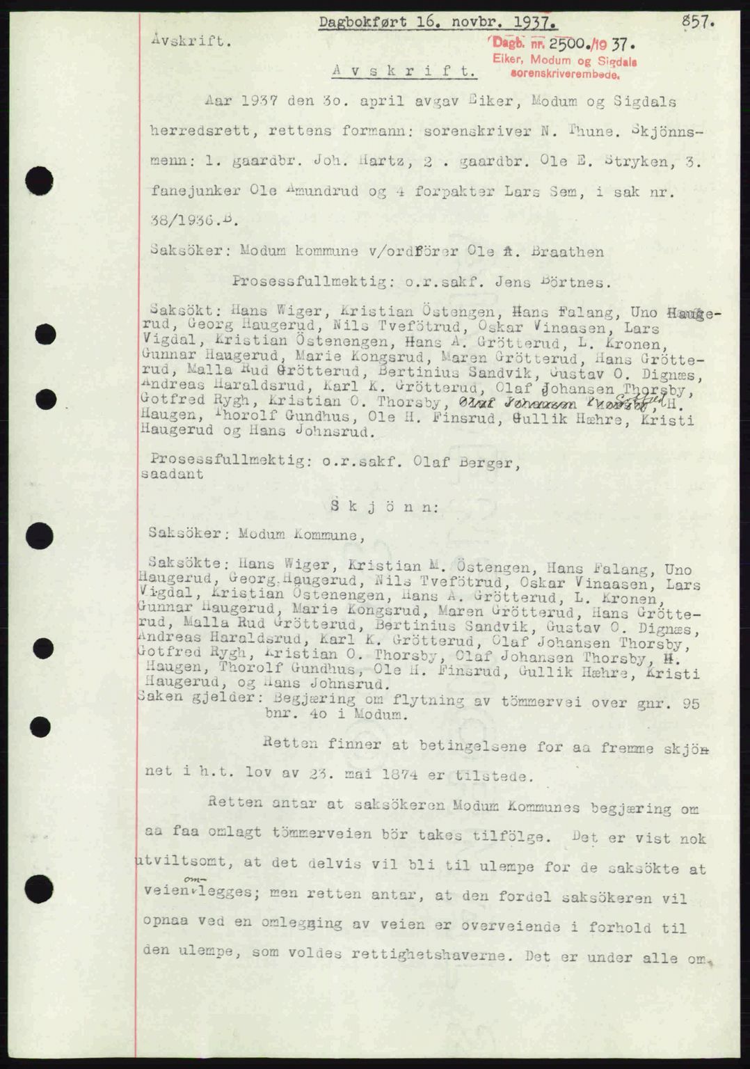 Eiker, Modum og Sigdal sorenskriveri, SAKO/A-123/G/Ga/Gab/L0036: Pantebok nr. A6, 1937-1937, Dagboknr: 2500/1937