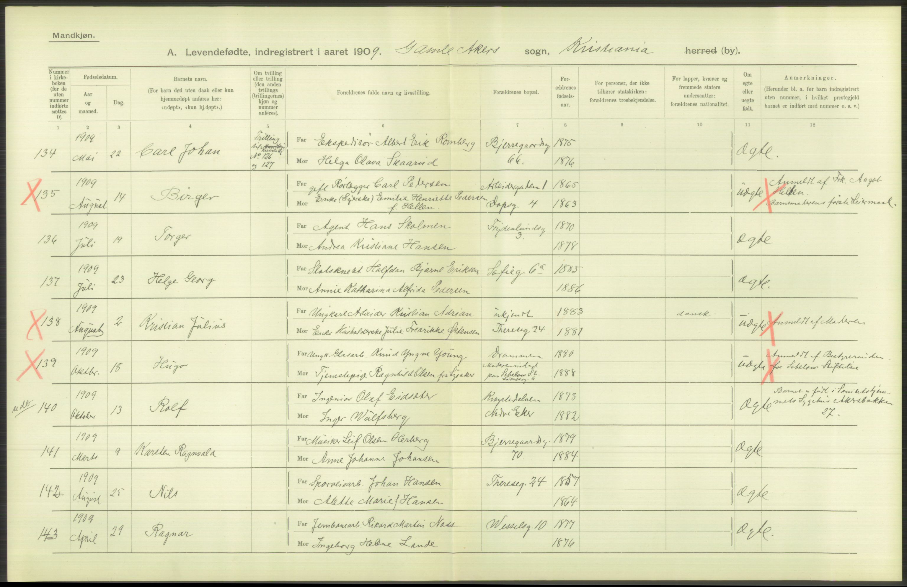 Statistisk sentralbyrå, Sosiodemografiske emner, Befolkning, RA/S-2228/D/Df/Dfa/Dfag/L0007: Kristiania: Levendefødte menn og kvinner., 1909, s. 362