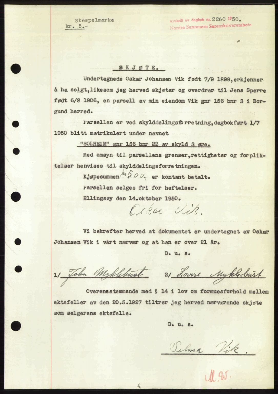 Nordre Sunnmøre sorenskriveri, SAT/A-0006/1/2/2C/2Ca: Pantebok nr. A36, 1950-1950, Dagboknr: 2260/1950