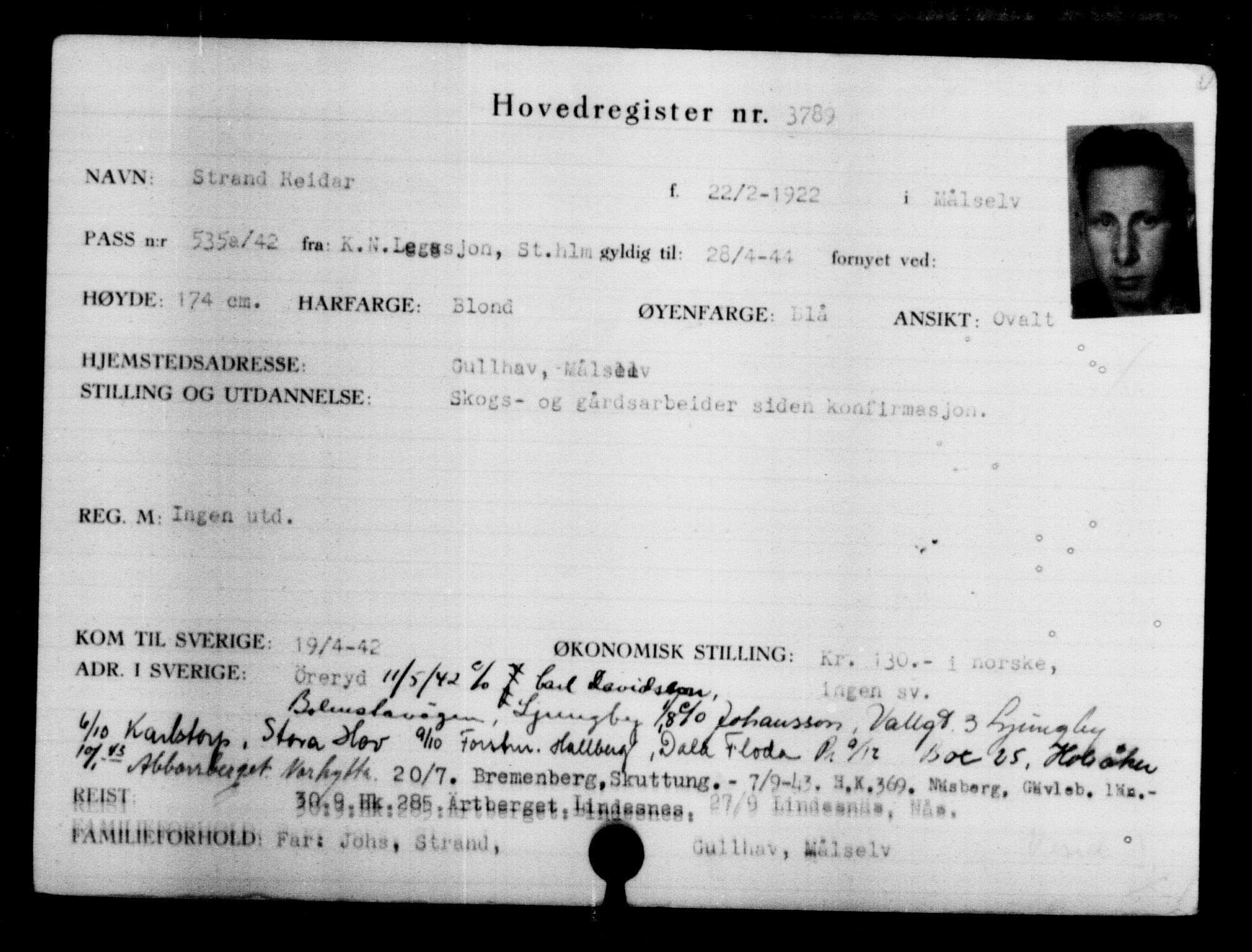 Utenriksstasjonene, Legasjonen i Stockholm, Flyktningkontoret, AV/RA-S-6753/V/Va/L0004: Kjesäterkartoteket, flyktninger med registreringsnr. 3496-6610, 1940-1945, s. 339