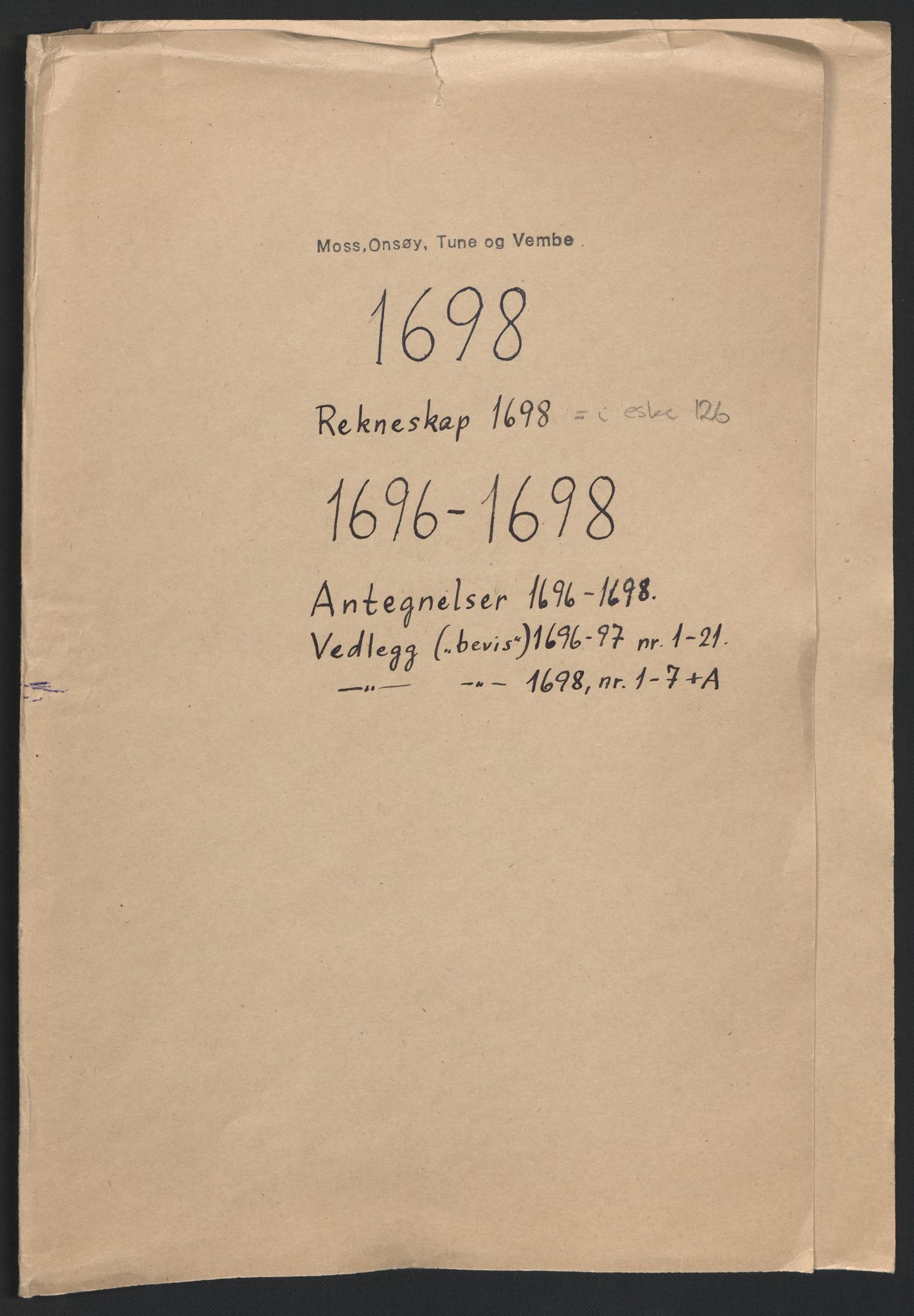 Rentekammeret inntil 1814, Reviderte regnskaper, Fogderegnskap, RA/EA-4092/R04/L0127: Fogderegnskap Moss, Onsøy, Tune, Veme og Åbygge, 1698, s. 180