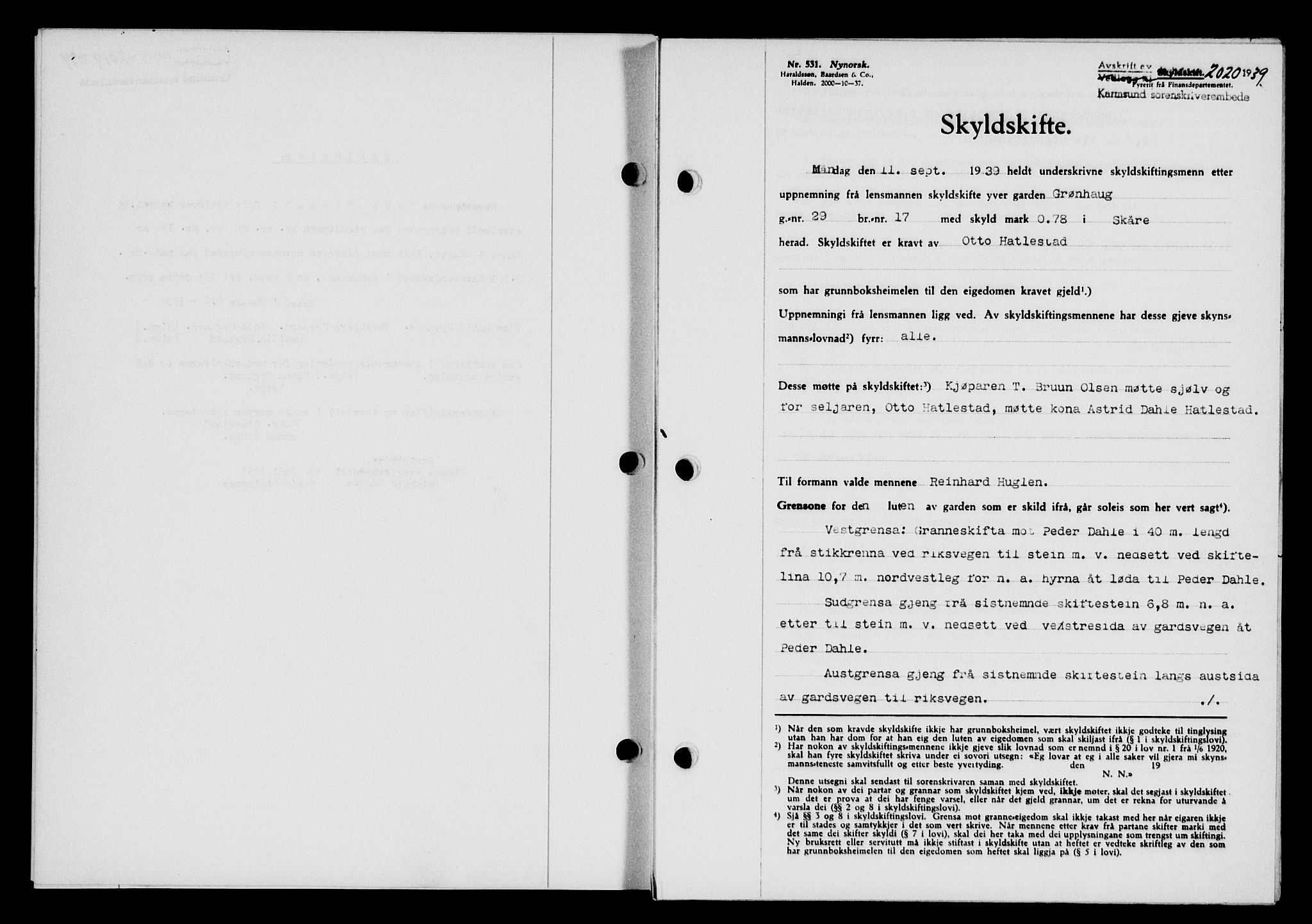 Karmsund sorenskriveri, SAST/A-100311/01/II/IIB/L0072: Pantebok nr. 53A, 1939-1940, Dagboknr: 2020/1939