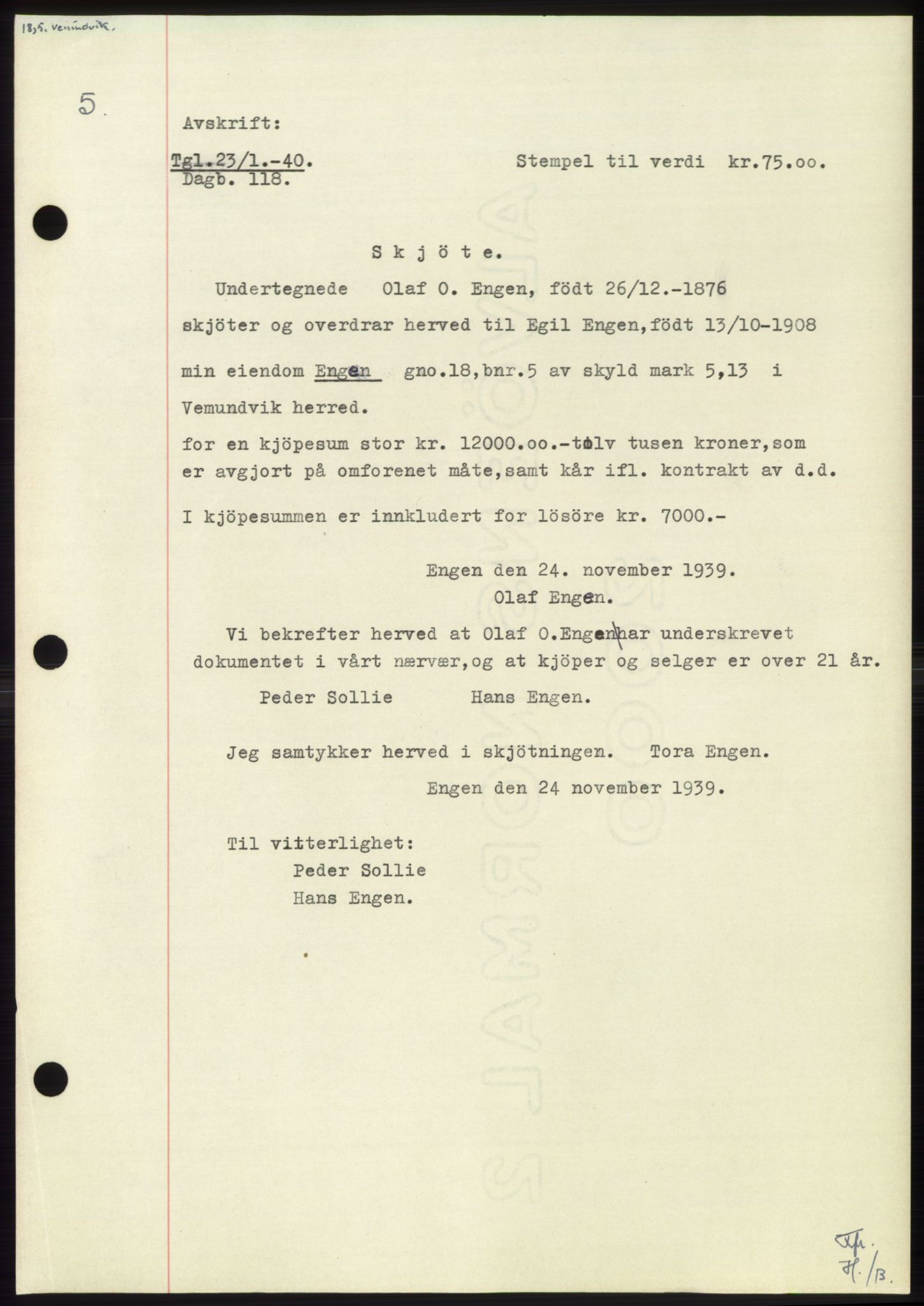 Namdal sorenskriveri, SAT/A-4133/1/2/2C: Pantebok nr. -, 1940-1941, Tingl.dato: 23.01.1940