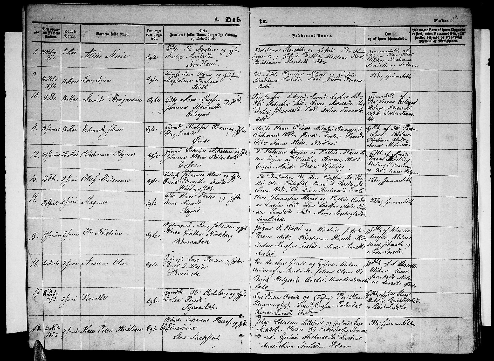 Ministerialprotokoller, klokkerbøker og fødselsregistre - Nordland, AV/SAT-A-1459/846/L0653: Klokkerbok nr. 846C03, 1872-1887, s. 8