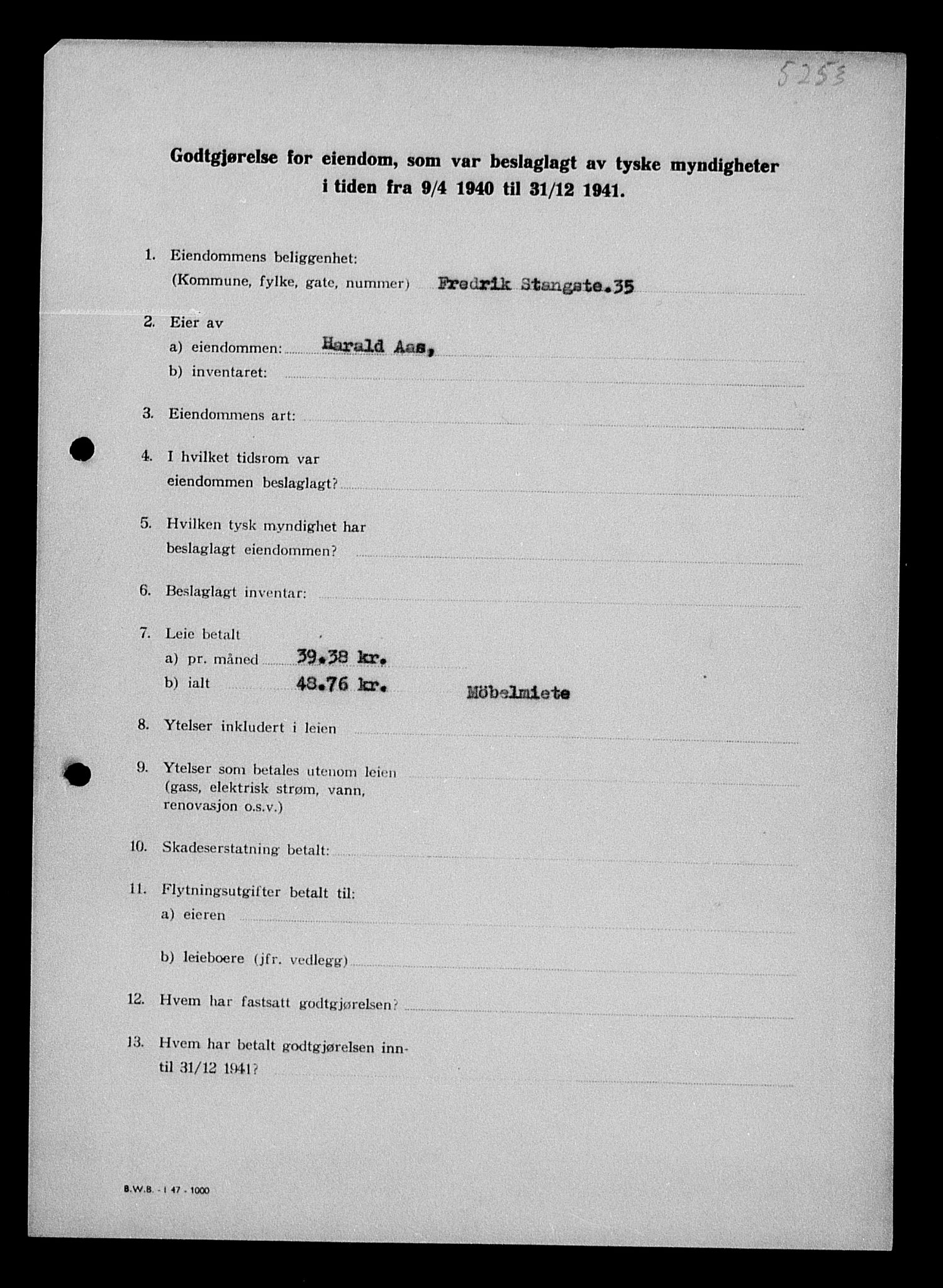 Justisdepartementet, Tilbakeføringskontoret for inndratte formuer, AV/RA-S-1564/I/L1011: Godtgjørelse for beslaglagt eiendom, 1940-1941, s. 776