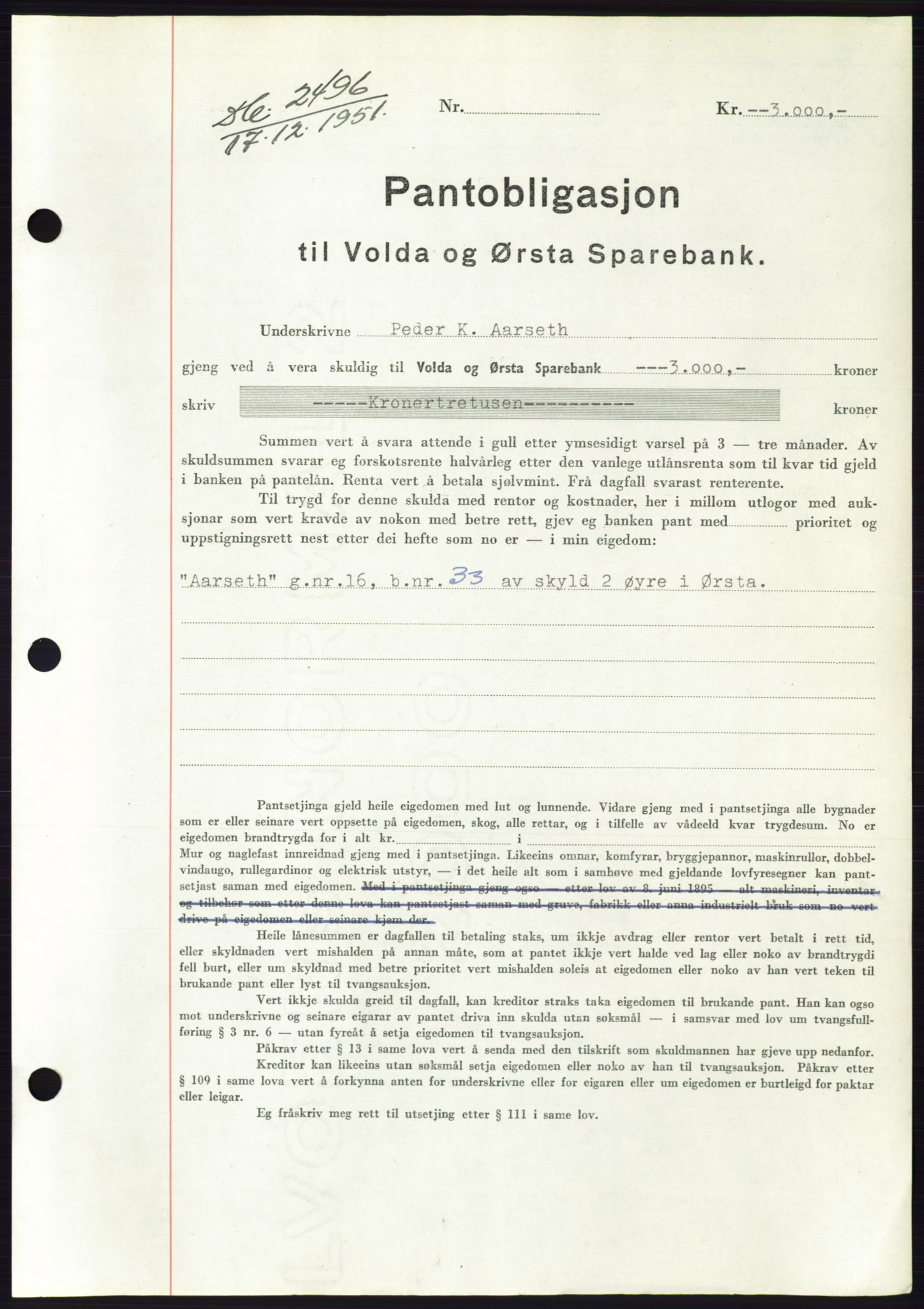 Søre Sunnmøre sorenskriveri, AV/SAT-A-4122/1/2/2C/L0121: Pantebok nr. 9B, 1951-1952, Dagboknr: 2496/1951