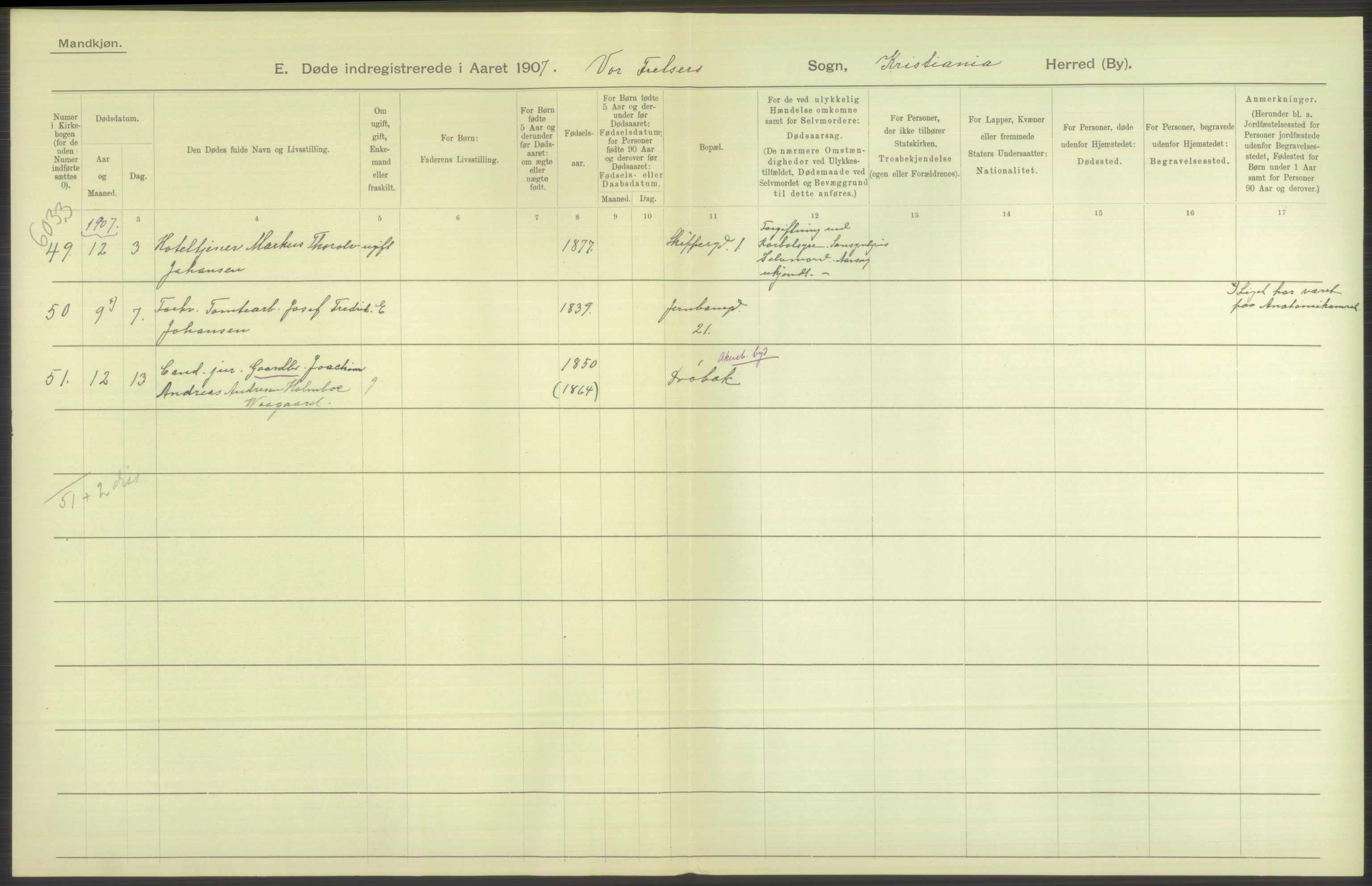 Statistisk sentralbyrå, Sosiodemografiske emner, Befolkning, AV/RA-S-2228/D/Df/Dfa/Dfae/L0010: Kristiania: Døde, dødfødte, 1907, s. 408