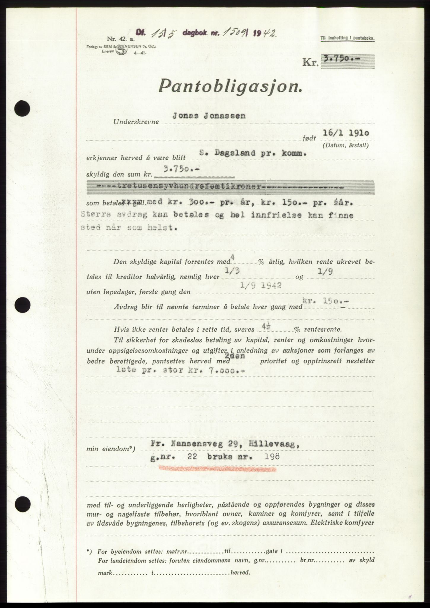 Jæren sorenskriveri, SAST/A-100310/03/G/Gba/L0082: Pantebok, 1942-1942, Dagboknr: 1509/1942