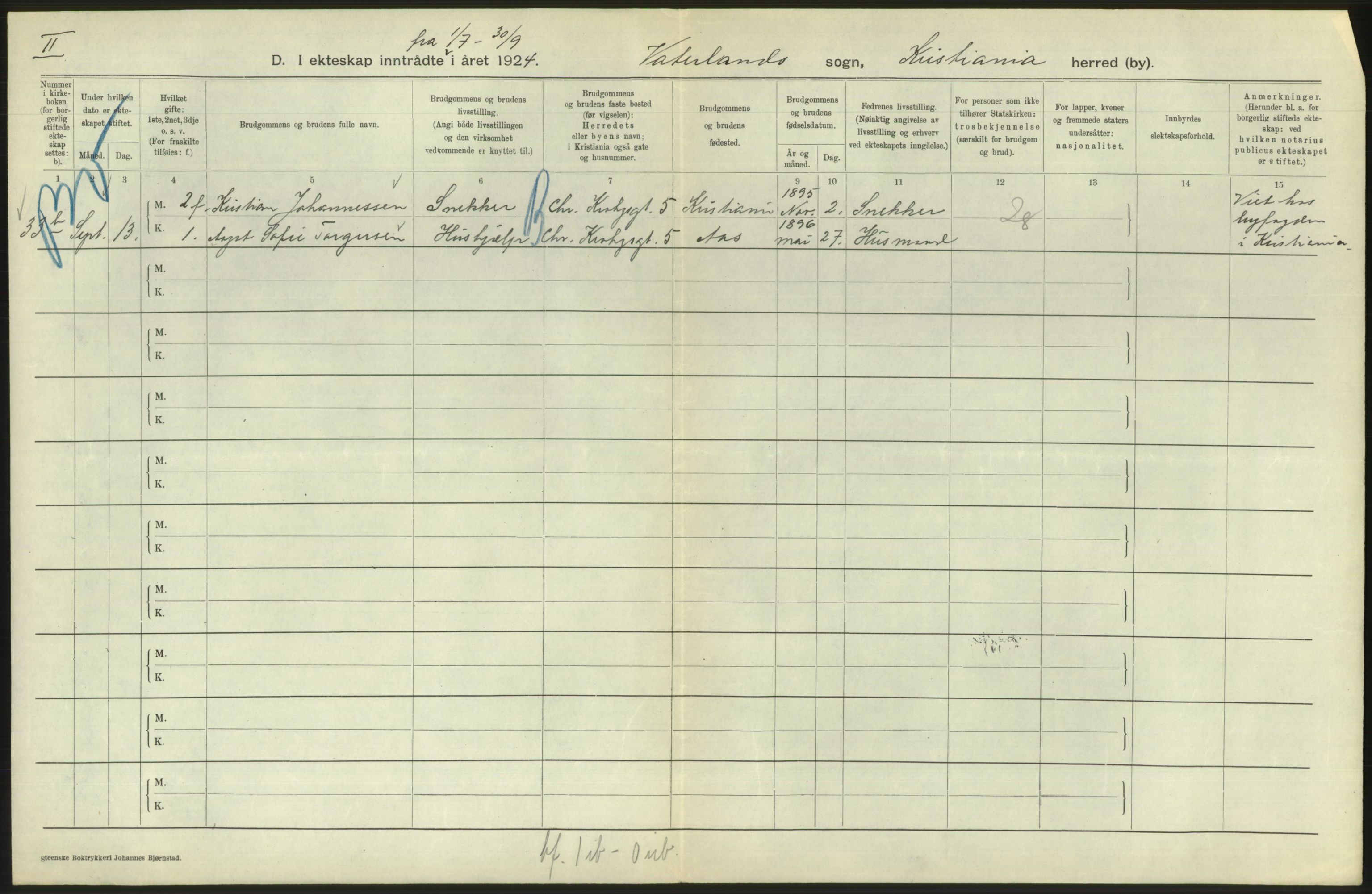 Statistisk sentralbyrå, Sosiodemografiske emner, Befolkning, RA/S-2228/D/Df/Dfc/Dfcd/L0007: Kristiania: Gifte, 1924, s. 666