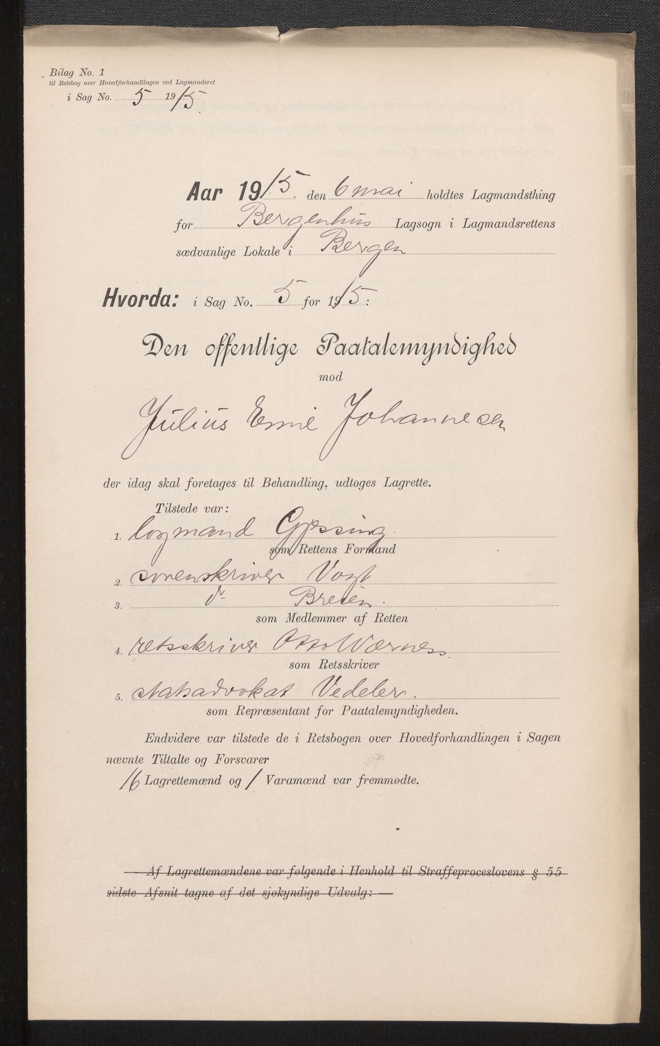 Gulating lagmannsrett, AV/SAB-A-60201/I/Ia/L0064: Straffesaker Hordaland, Sogn og Fjordane Lagsokn, 1915-1919