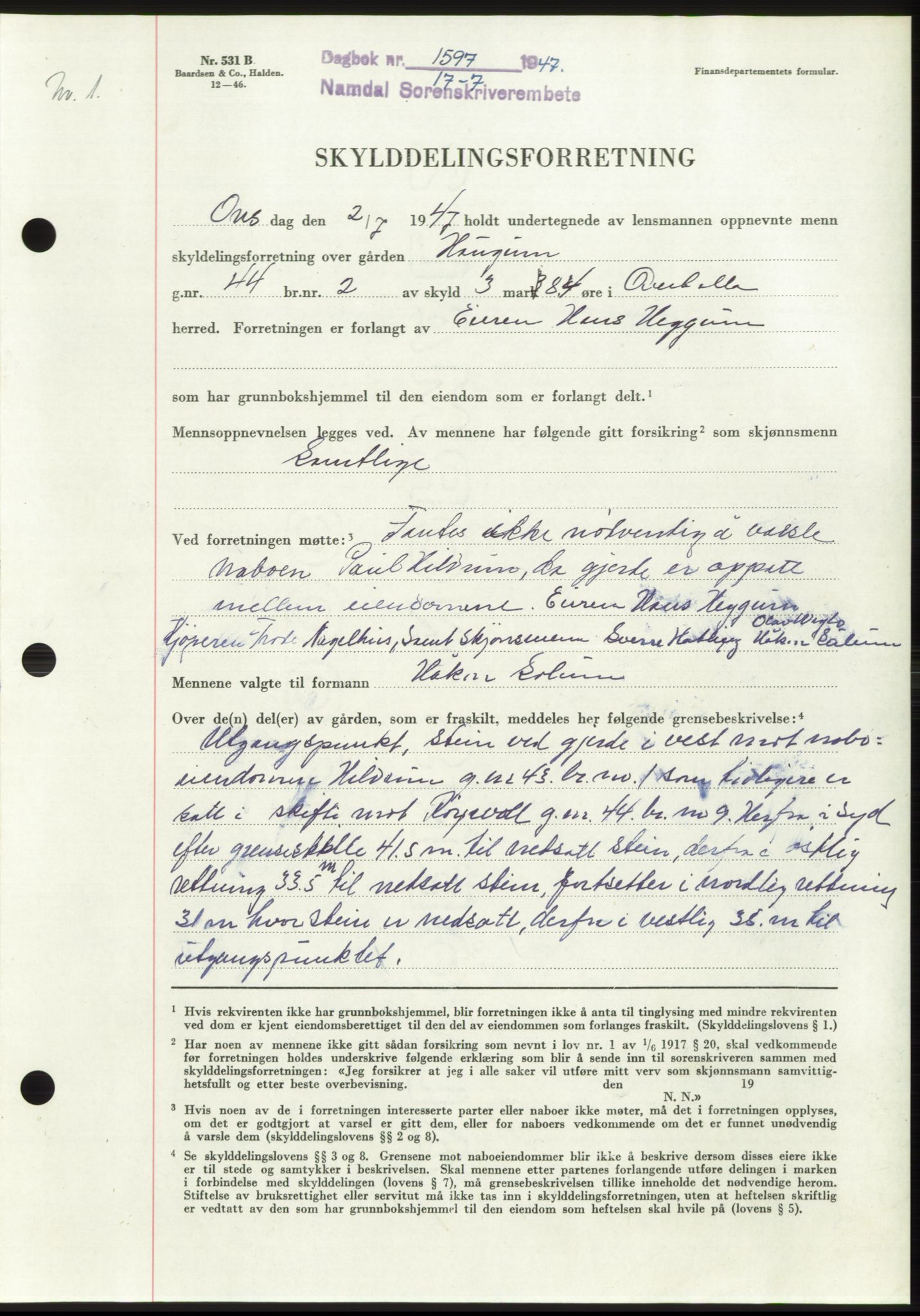 Namdal sorenskriveri, SAT/A-4133/1/2/2C: Pantebok nr. -, 1947-1947, Dagboknr: 1597/1947