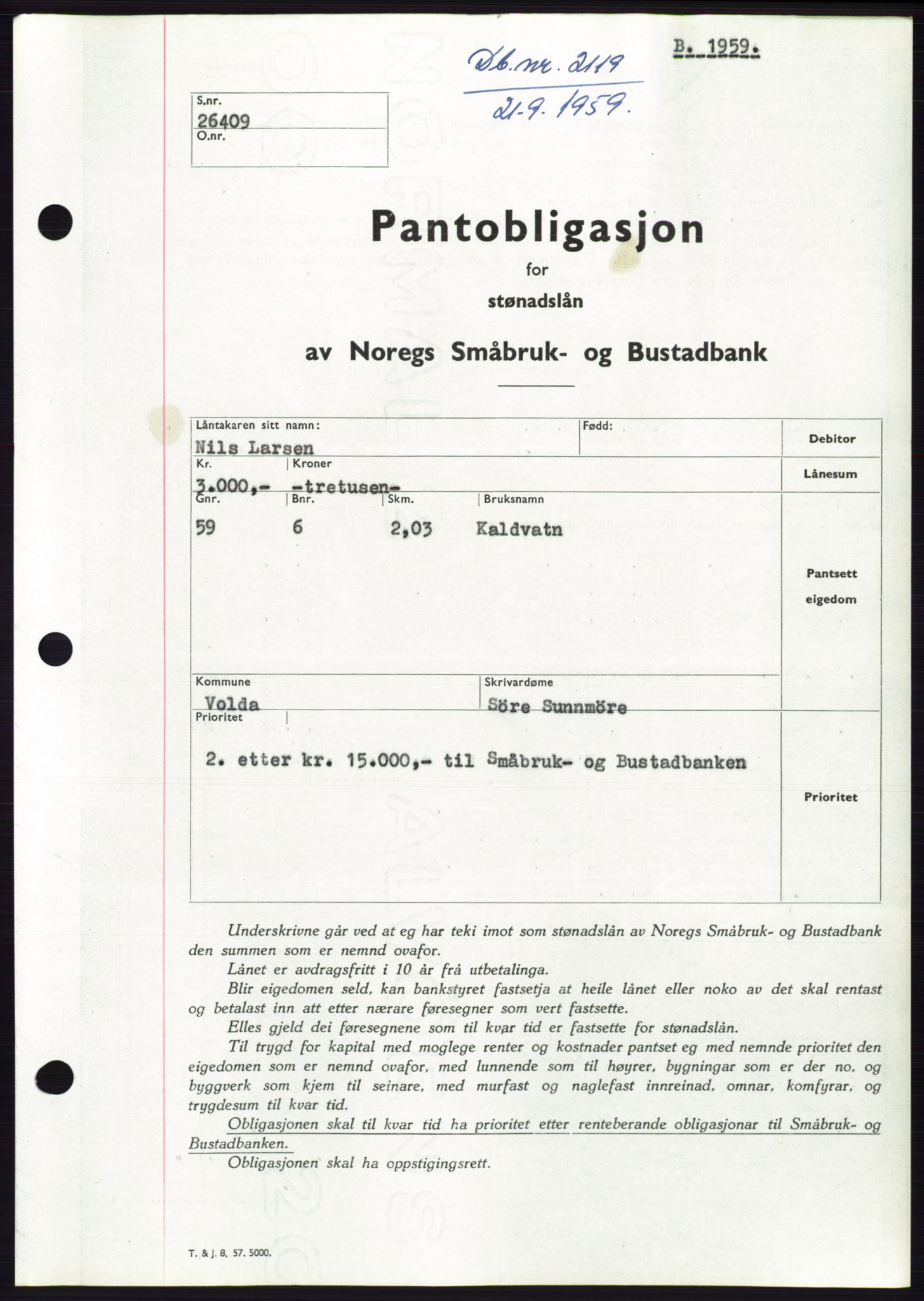 Søre Sunnmøre sorenskriveri, SAT/A-4122/1/2/2C/L0133: Pantebok nr. 21B, 1959-1959, Dagboknr: 2119/1959