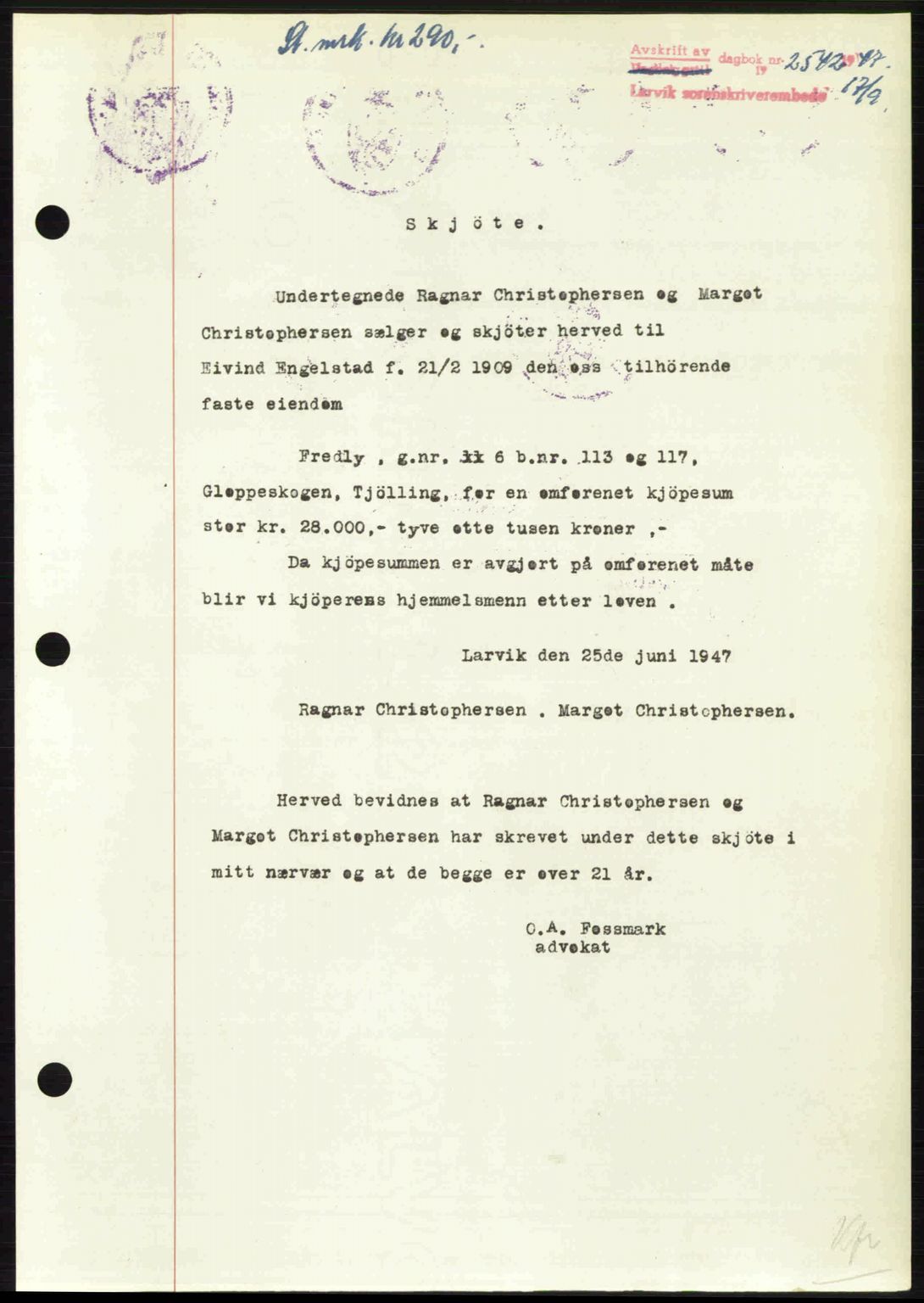 Larvik sorenskriveri, SAKO/A-83/G/Ga/Gab/L0085: Pantebok nr. A-19, 1947-1948, Dagboknr: 2542/1947