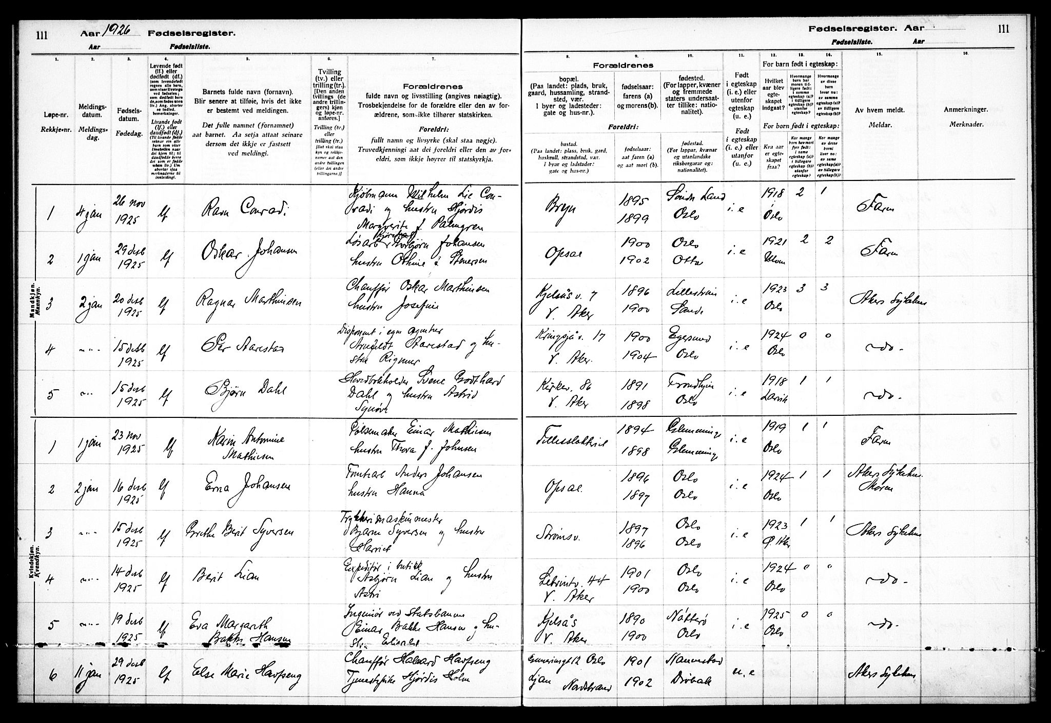 Østre Aker prestekontor Kirkebøker, AV/SAO-A-10840/J/Ja/L0002: Fødselsregister nr. I 2, 1923-1927, s. 111