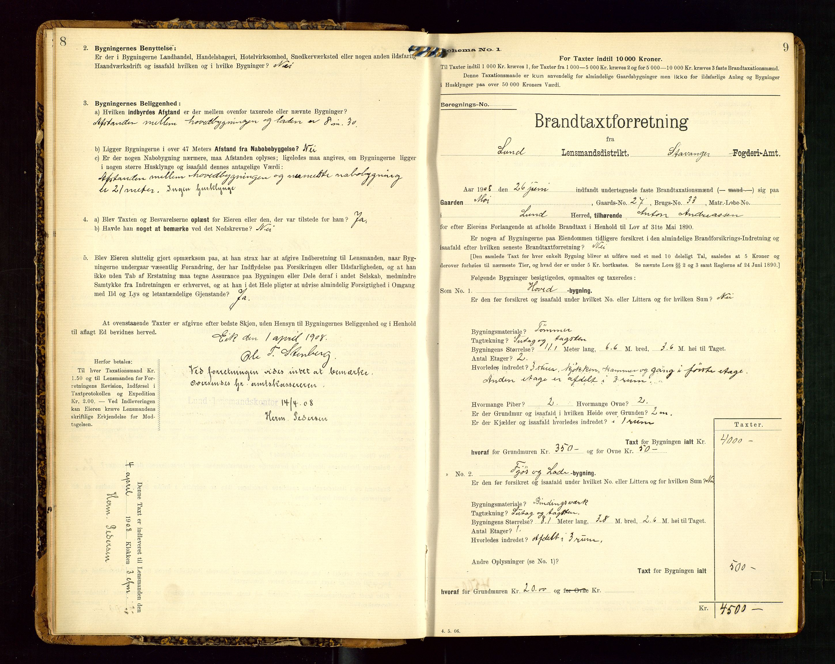 Lund lensmannskontor, SAST/A-100303/Gob/L0002: "Brandtakstprotokol", 1908-1918, s. 8-9