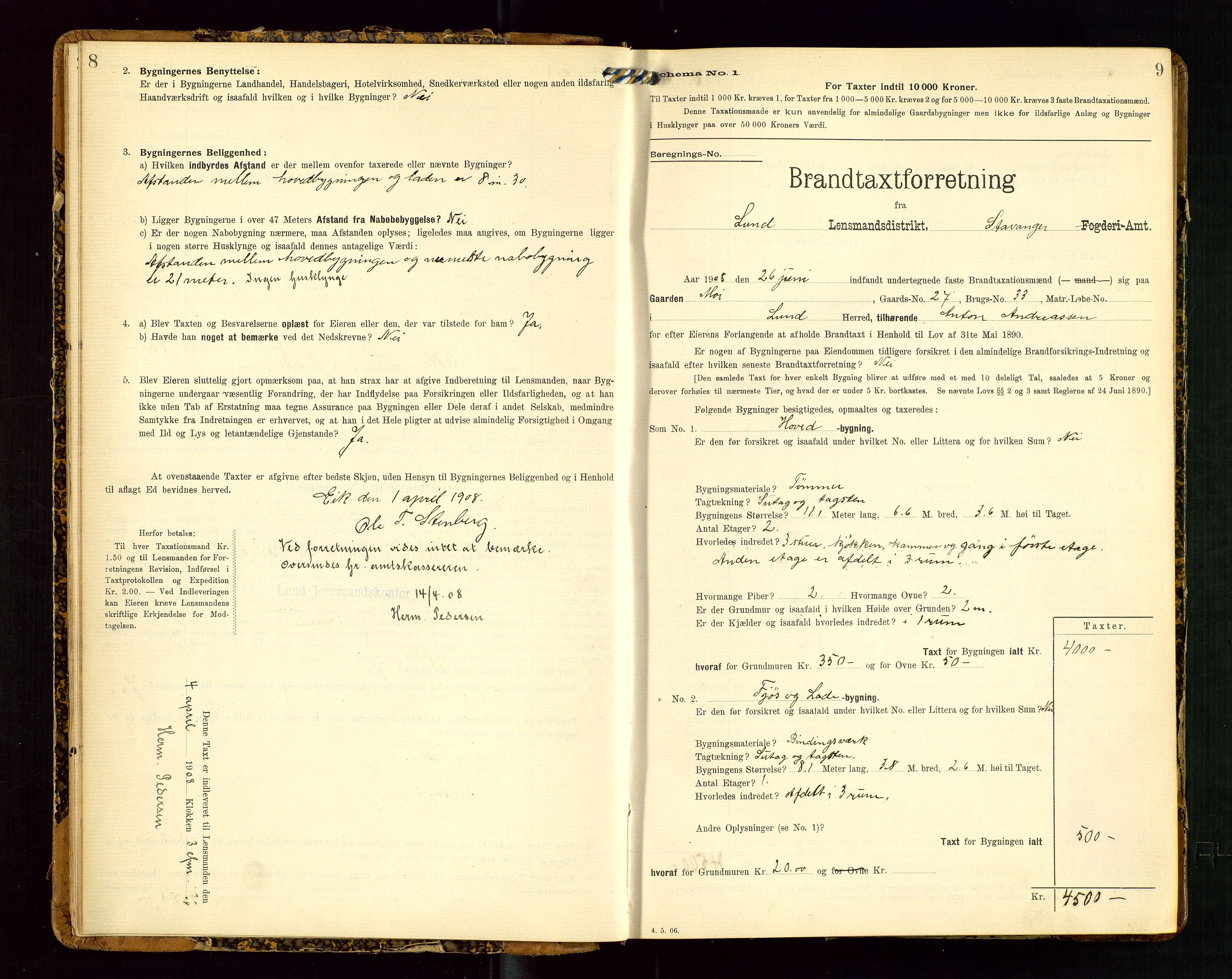 Lund lensmannskontor, AV/SAST-A-100303/Gob/L0002: "Brandtakstprotokol", 1908-1918, s. 8-9